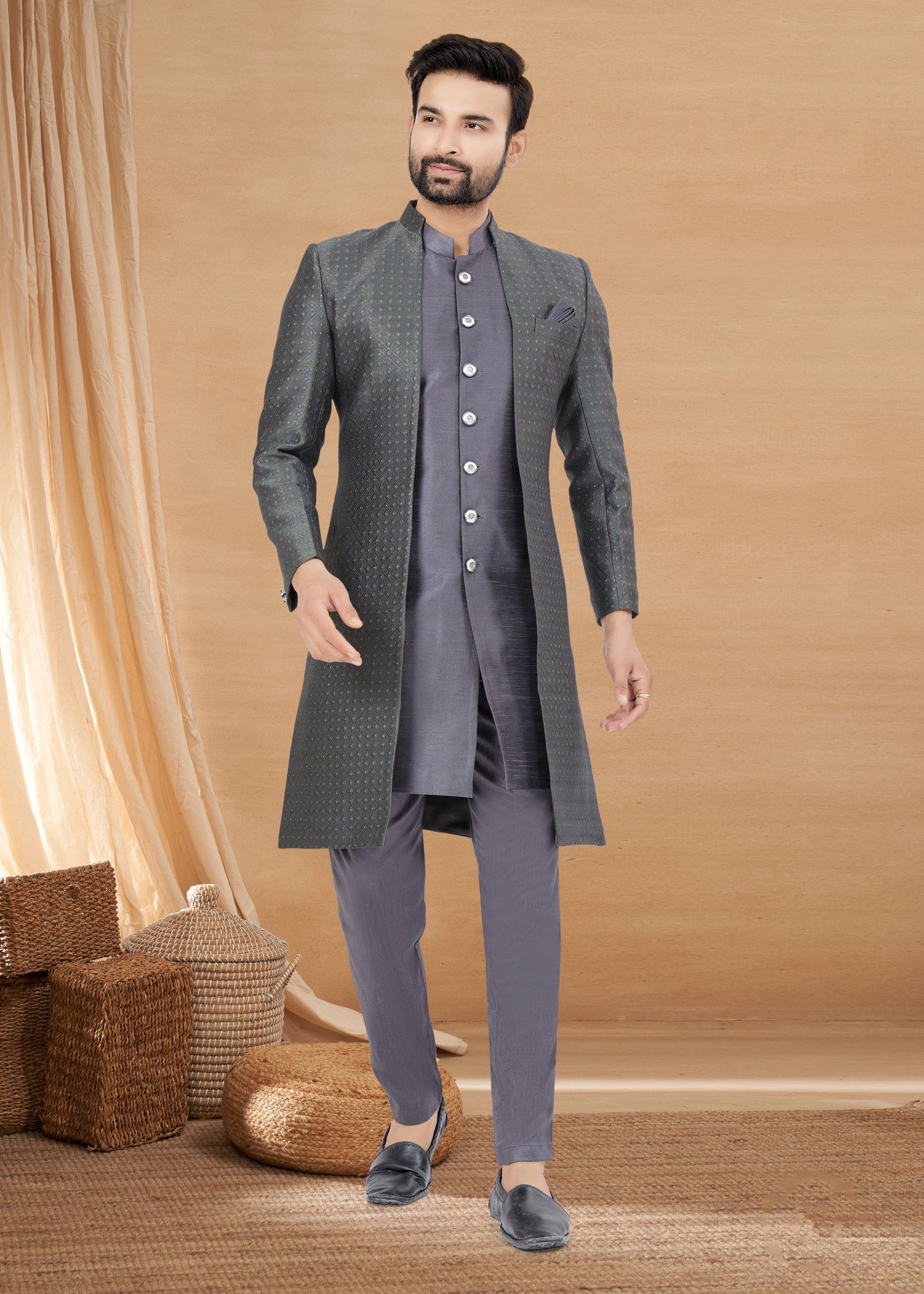 Elegant Blue Jequard Work Indo Western & Sherwani Men's Kurta