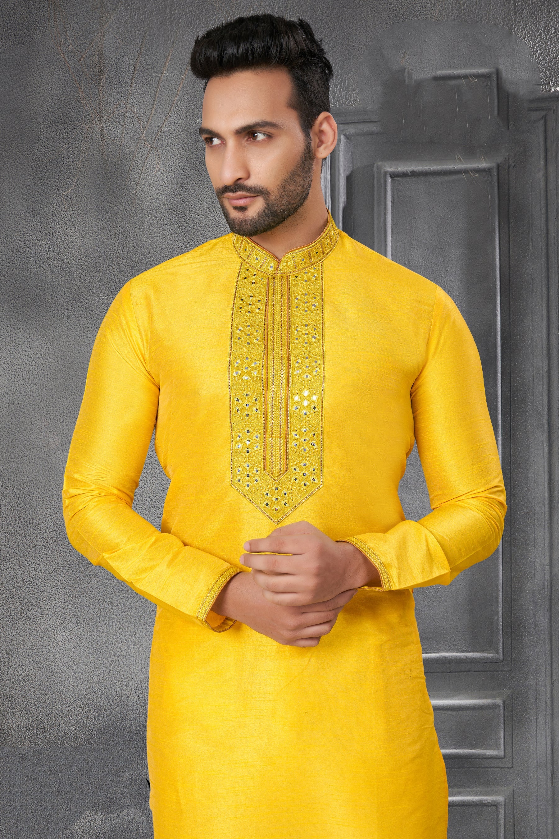 Elegant Yellow Silk Kurta with Pintex and Mirror Work for Weddings & Parties