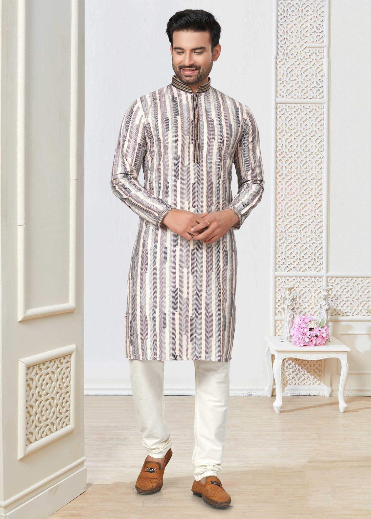 Cream Cotton Butti Men's Kurta for Wedding and Party Elegance