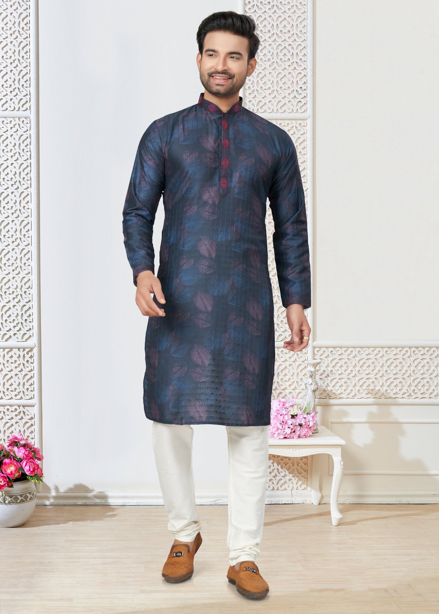 Elegant Blue Cotton Ethnic Butti Men's Kurta for Weddings & Parties