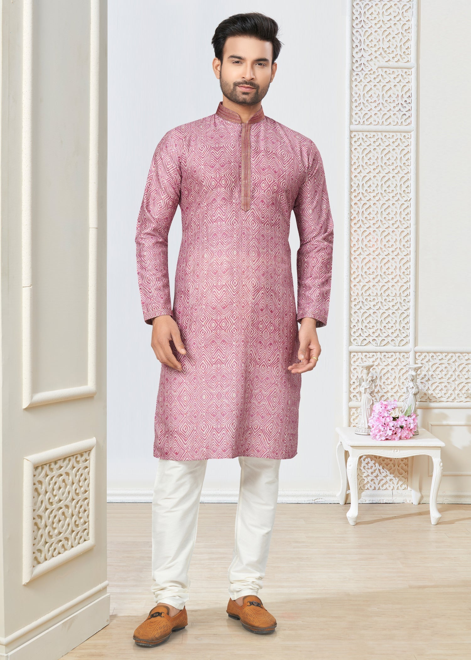 Pink Cotton Butti Men's Kurta: Perfect for Weddings and Parties