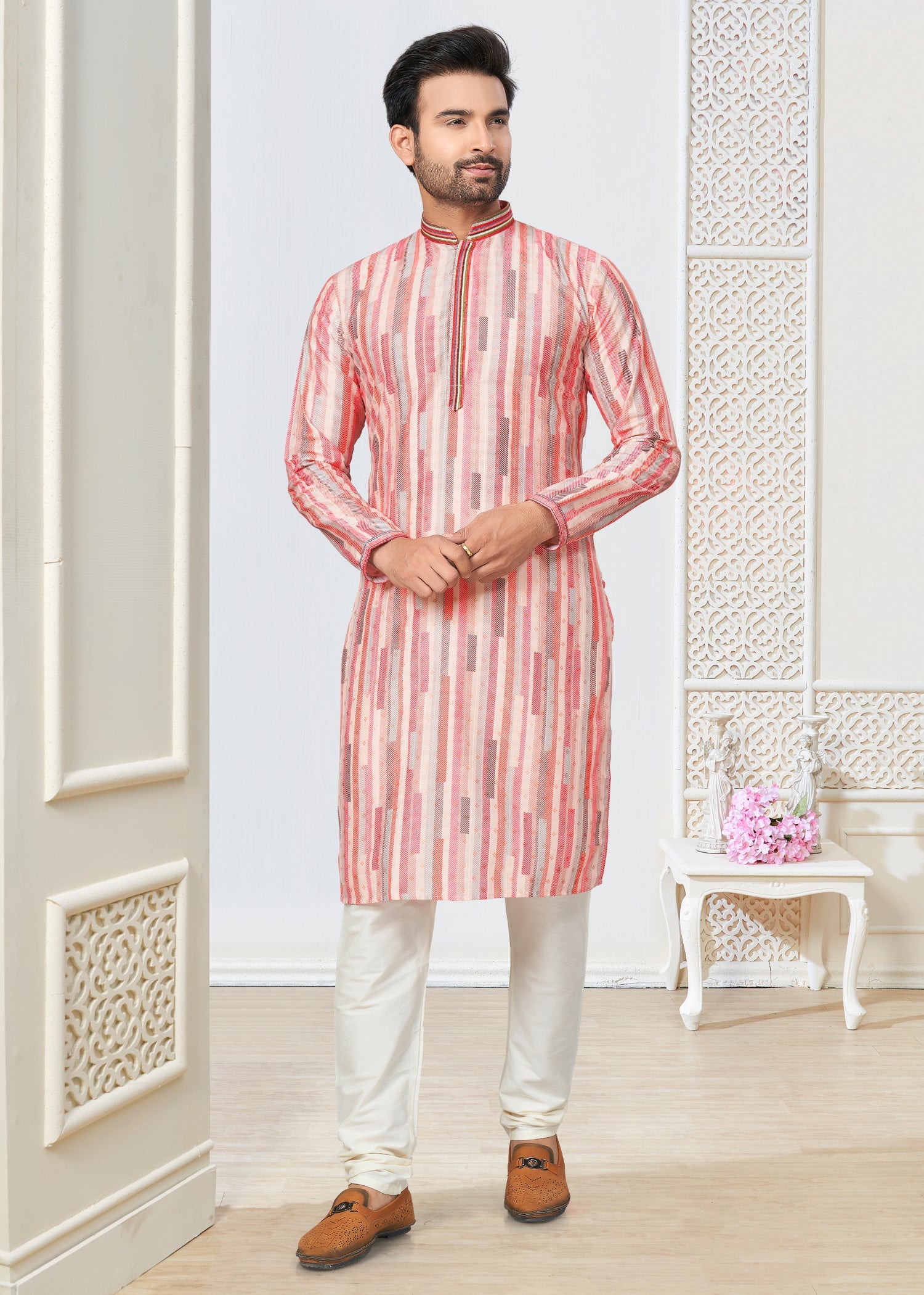 Pink Cotton Ethnic Butti Men's Kurta for Wedding and Party