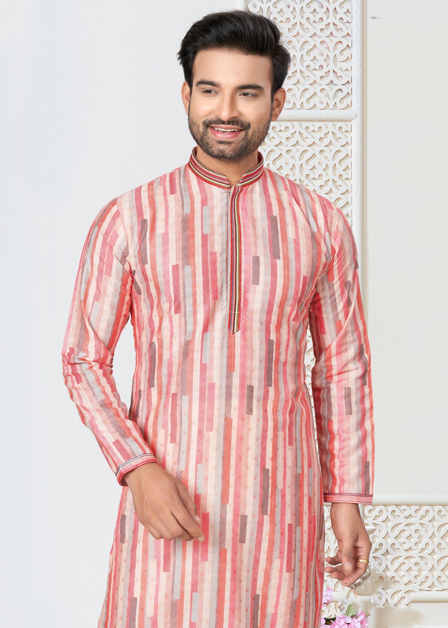 Pink Cotton Ethnic Butti Men's Kurta for Wedding and Party