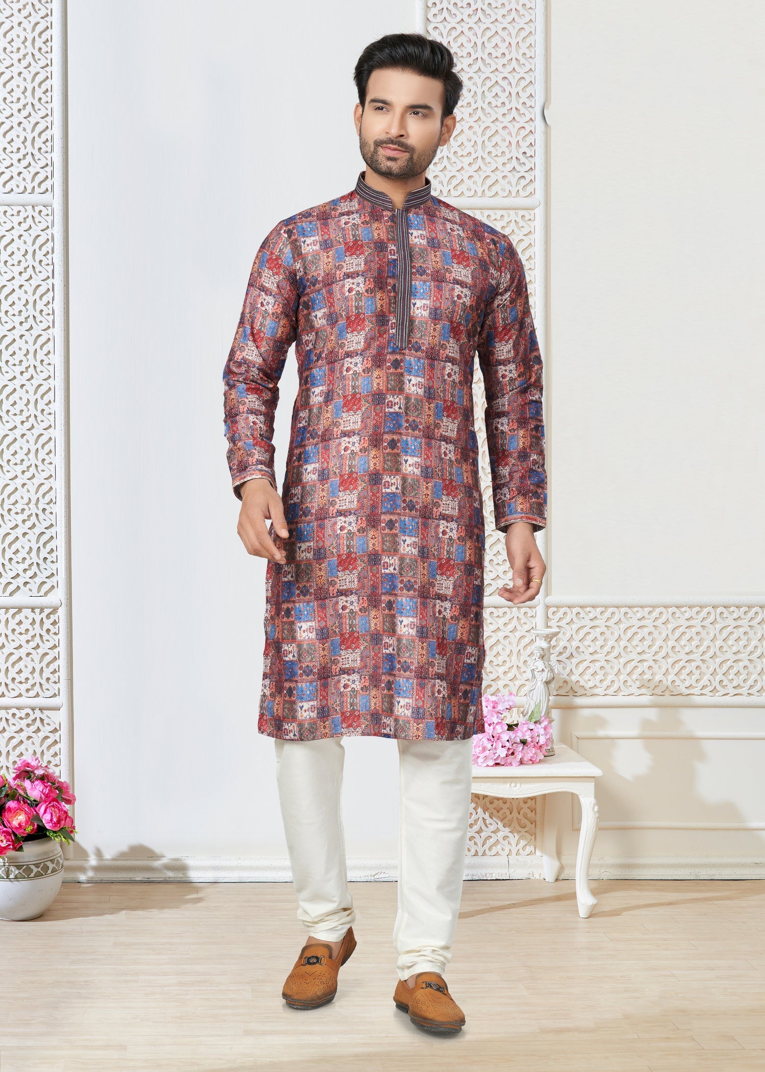 Multicolor Cotton Ethnic Butti Men's Kurta for Wedding and Party Wear