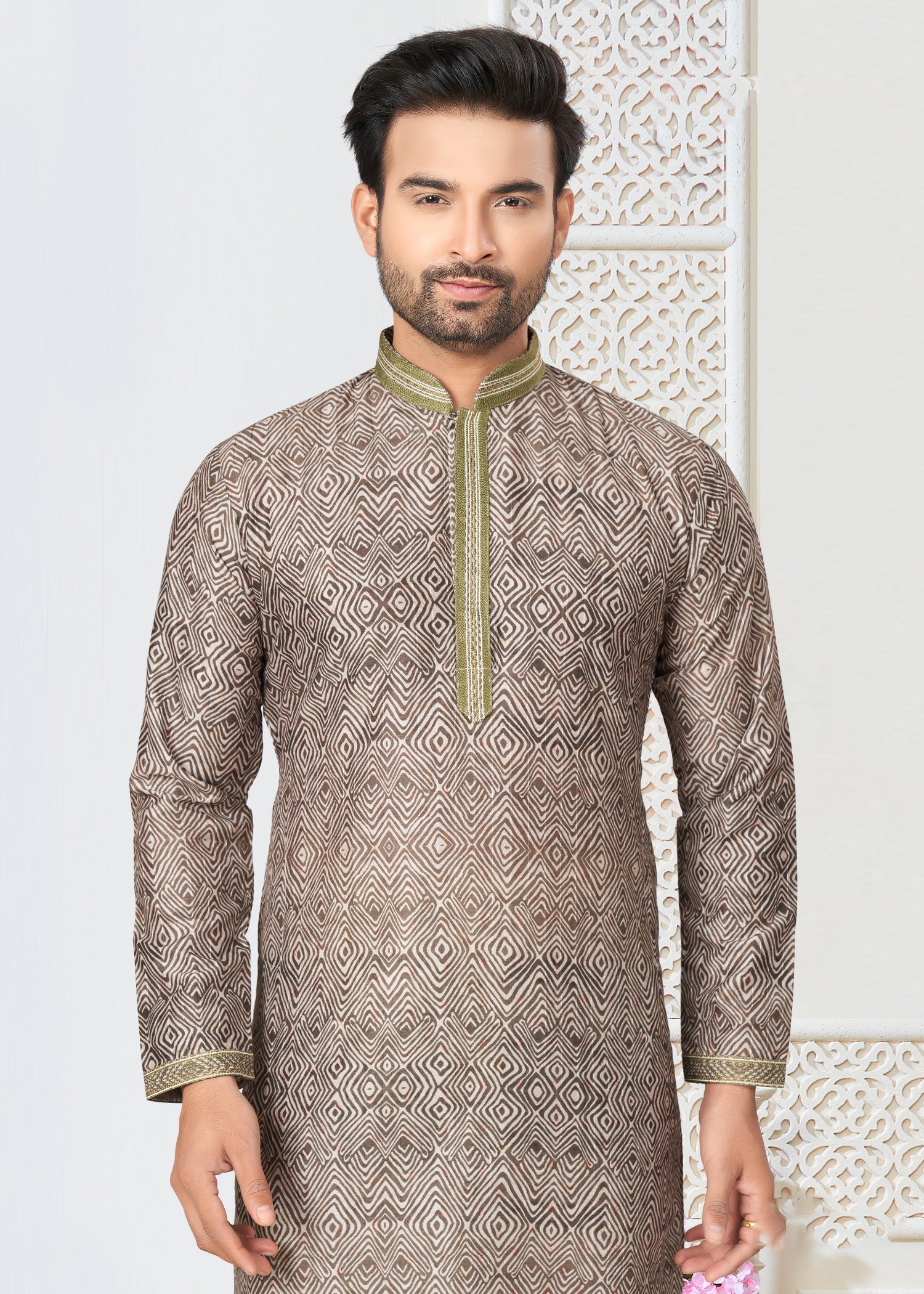 Grey Cotton Ethnic Butti Men's Kurta for Wedding and Party