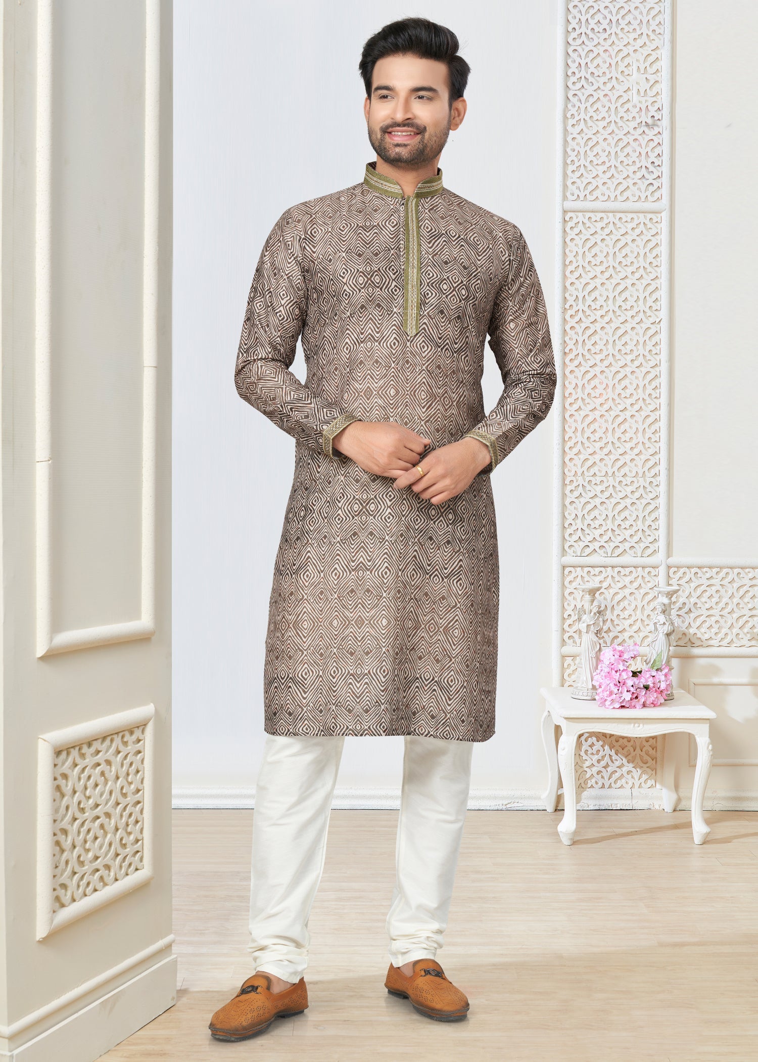 Grey Cotton Ethnic Butti Men's Kurta for Wedding and Party