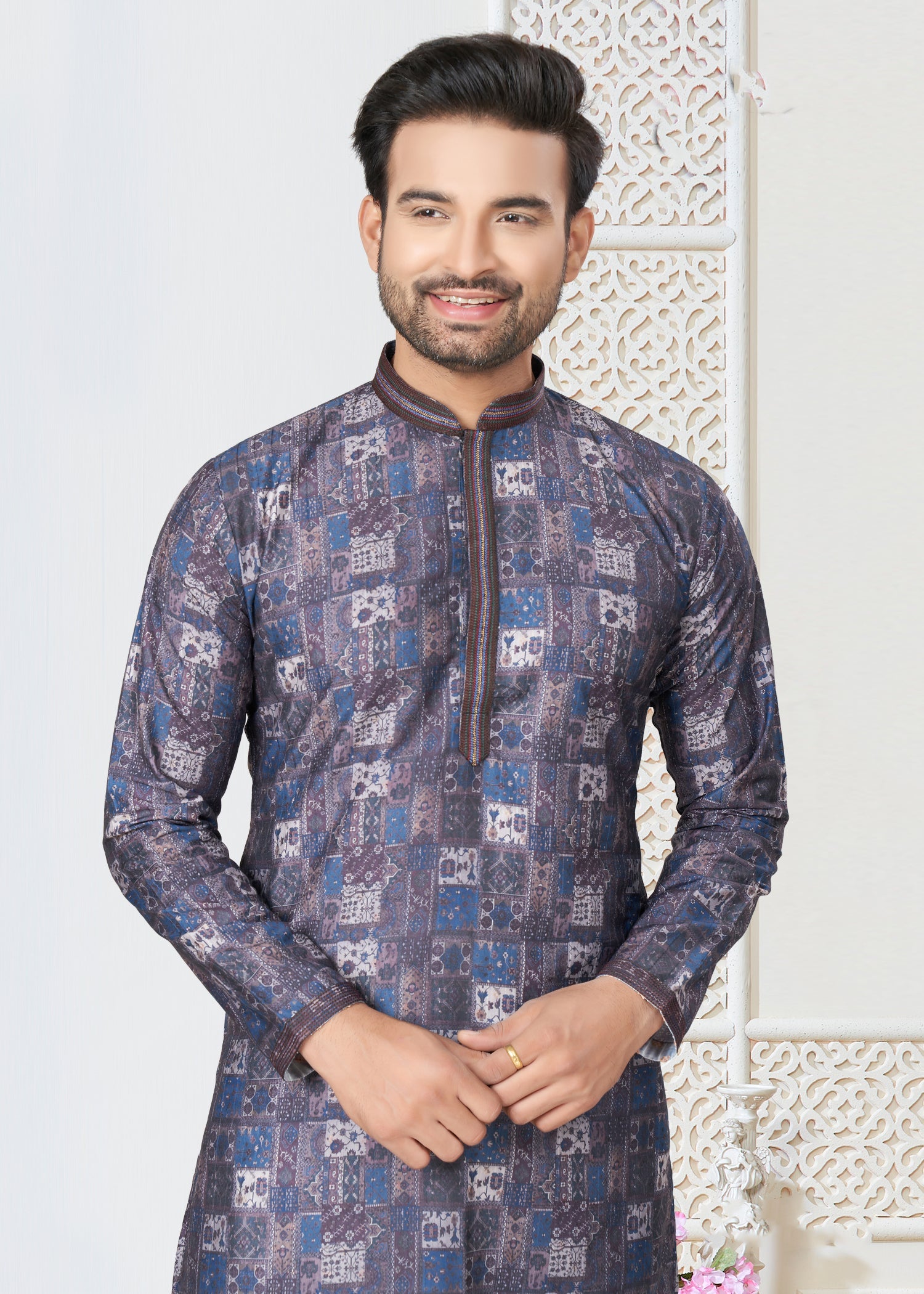 Elegant Blue Cotton Ethnic Butti Men's Kurta for Wedding and Parties