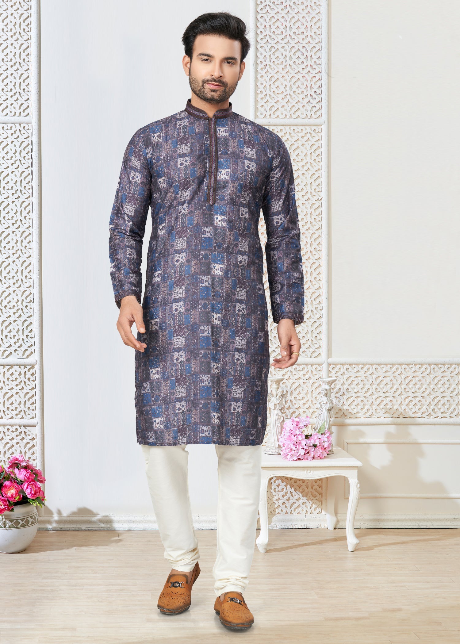 Elegant Blue Cotton Ethnic Butti Men's Kurta for Wedding and Parties