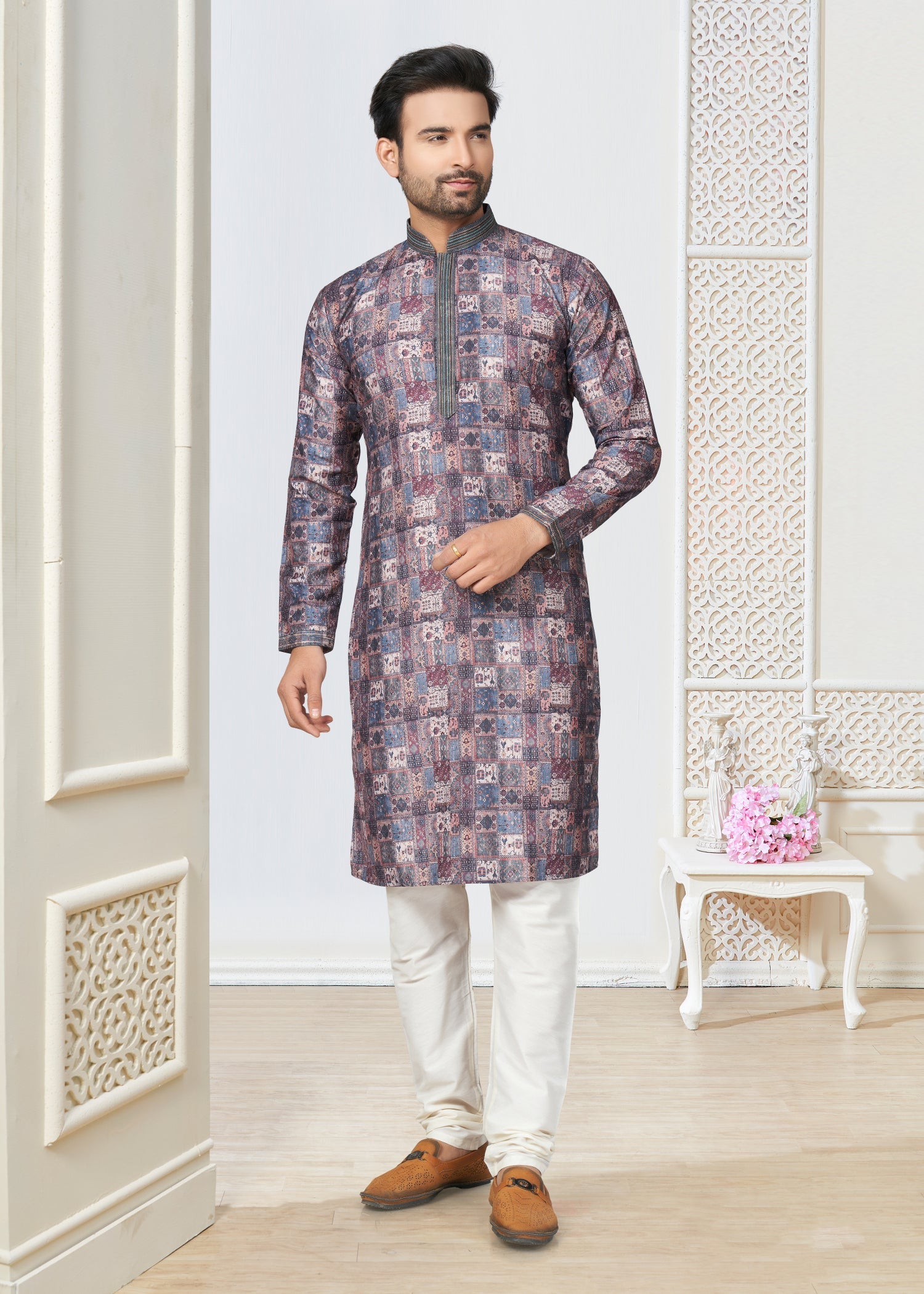 Elegant Multicolor Cotton Butti Men's Kurta for Wedding and Party Wear