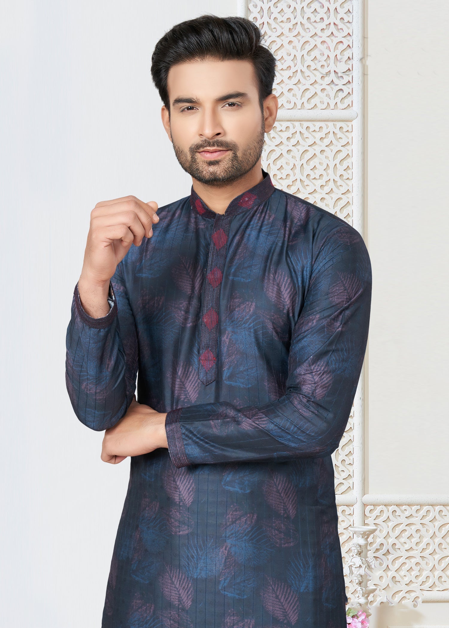 Elegant Blue Cotton Ethnic Butti Men's Kurta for Weddings & Parties