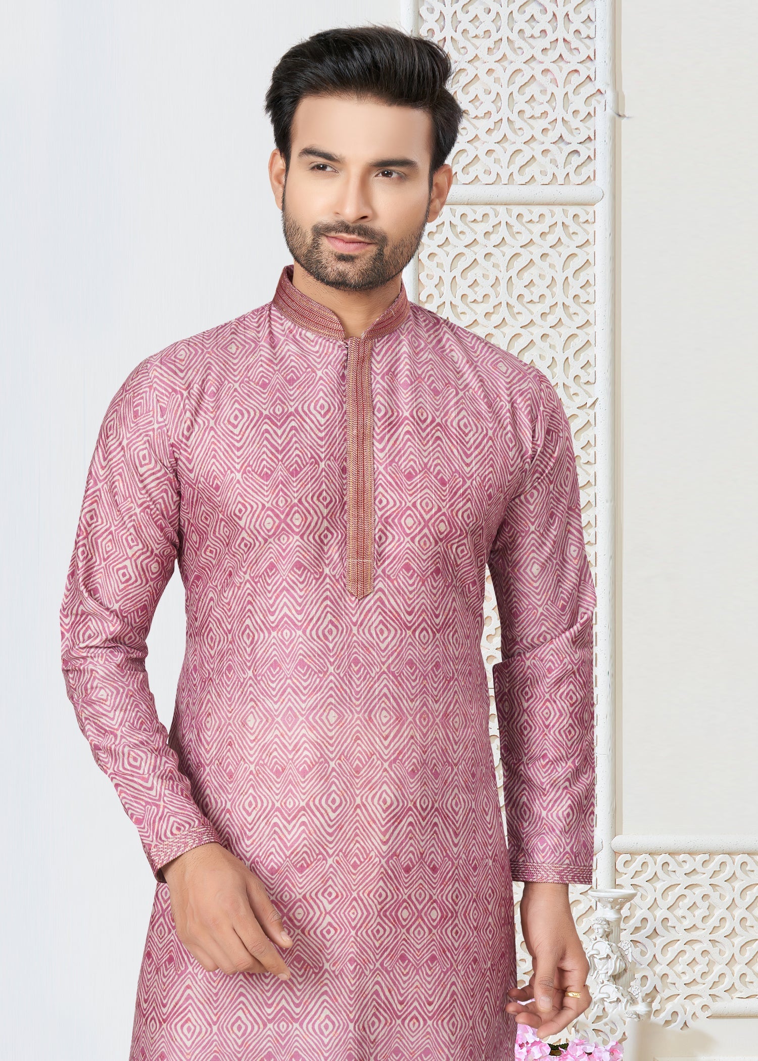 Pink Cotton Butti Men's Kurta: Perfect for Weddings and Parties