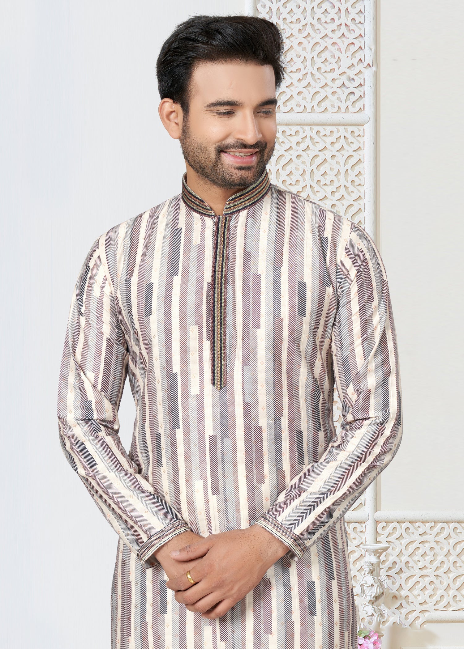 Cream Cotton Butti Men's Kurta for Wedding and Party Elegance