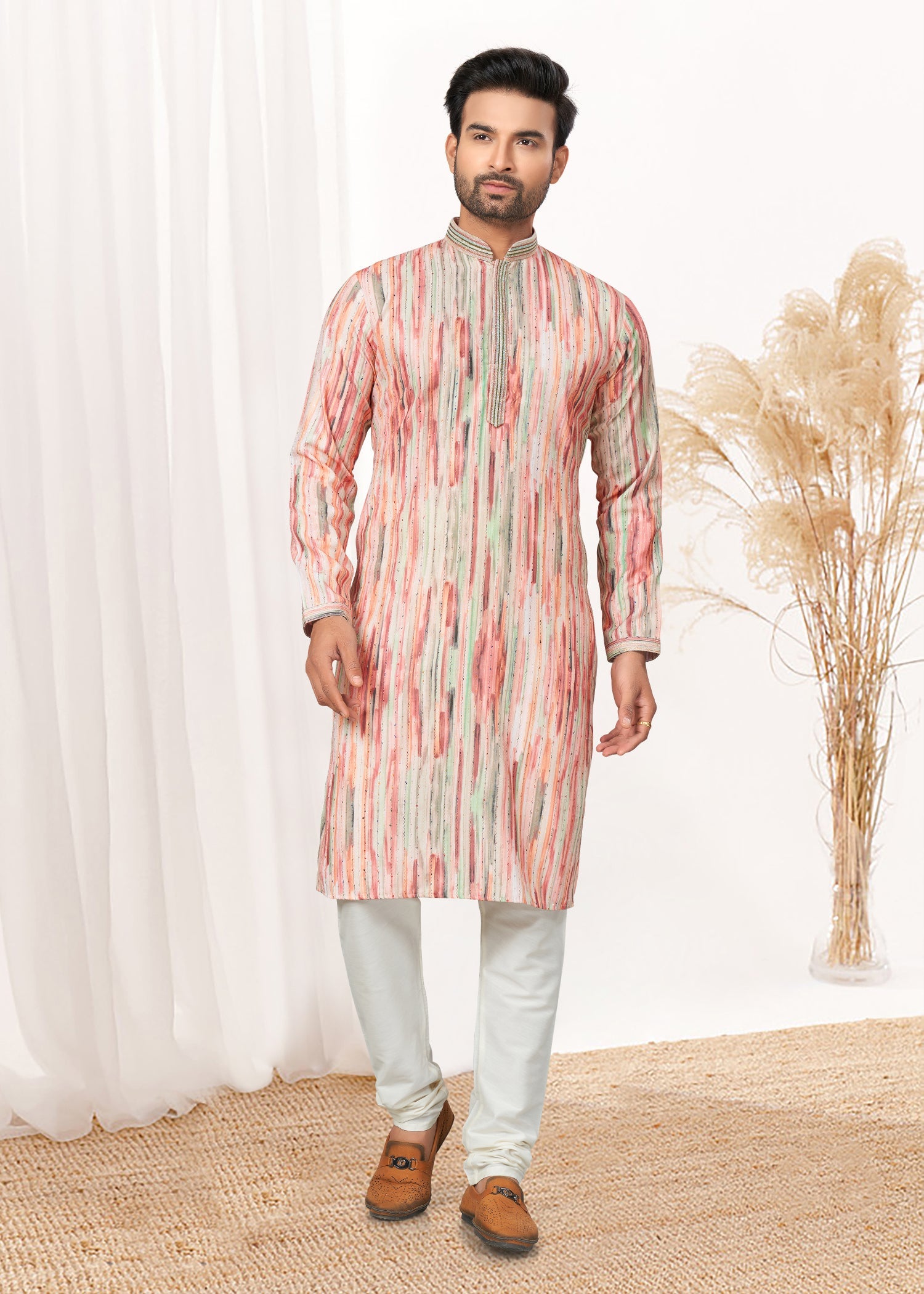 Pink Men's Kurta with Exquisite Embellishments for Weddings and Parties