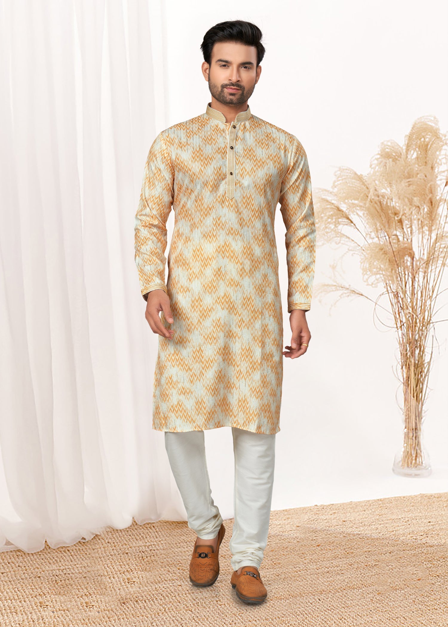 Yellow Men's Kurta: Elegant Digital Print, Ideal for Weddings and Parties