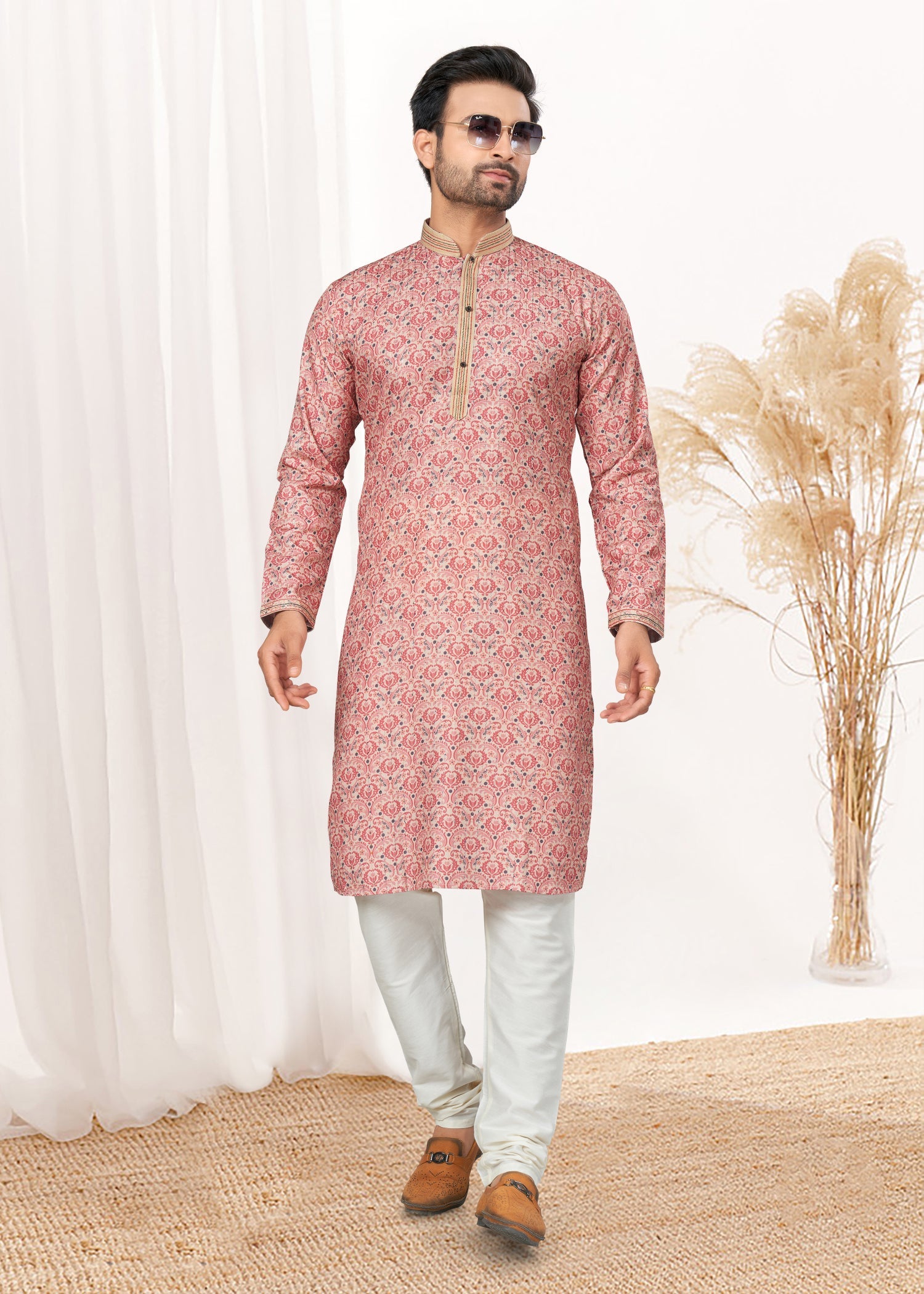 Elegant Pink Men's Kurta with Sequance, Thread, and Pintex Work