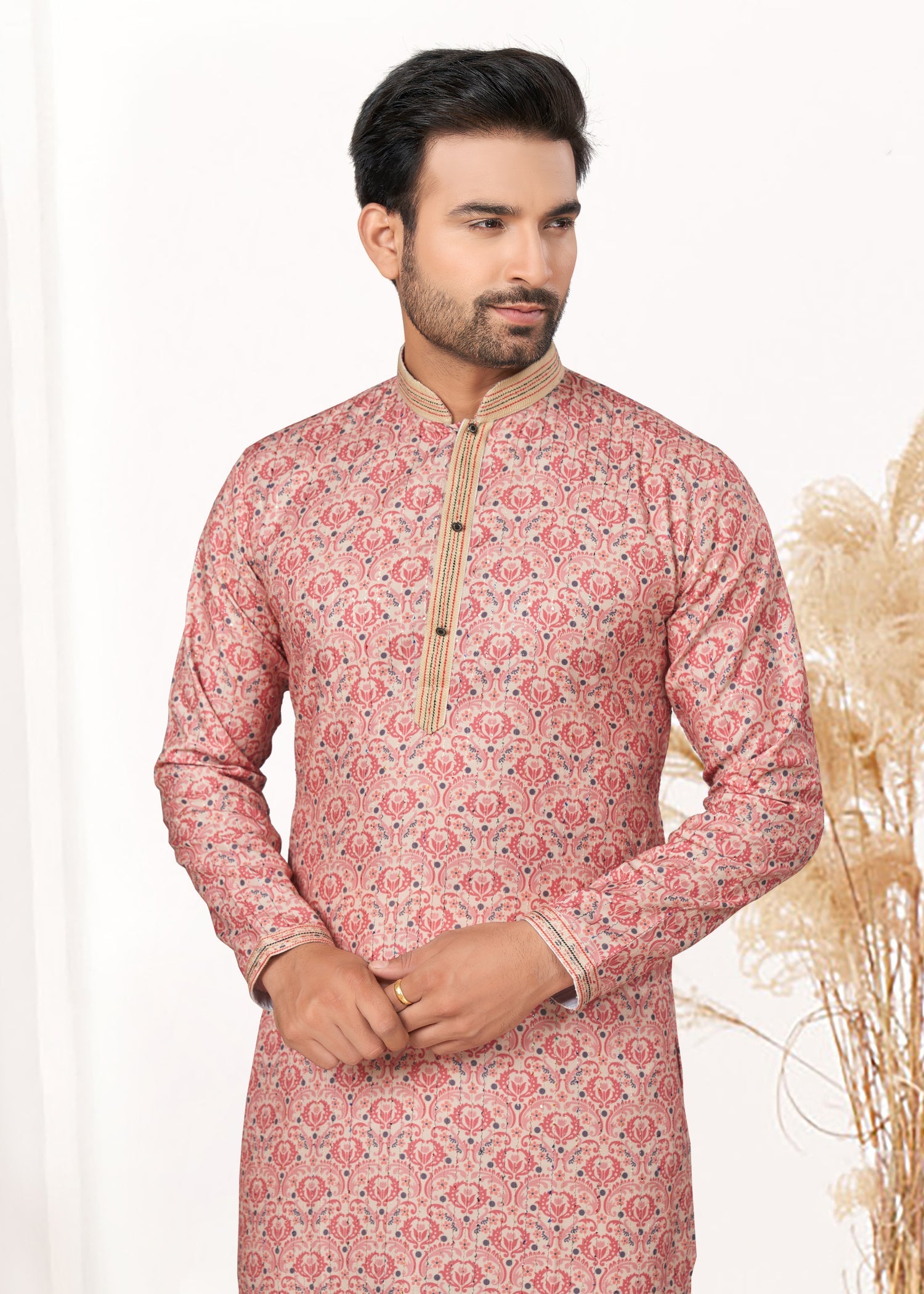 Elegant Pink Men's Kurta with Sequance, Thread, and Pintex Work