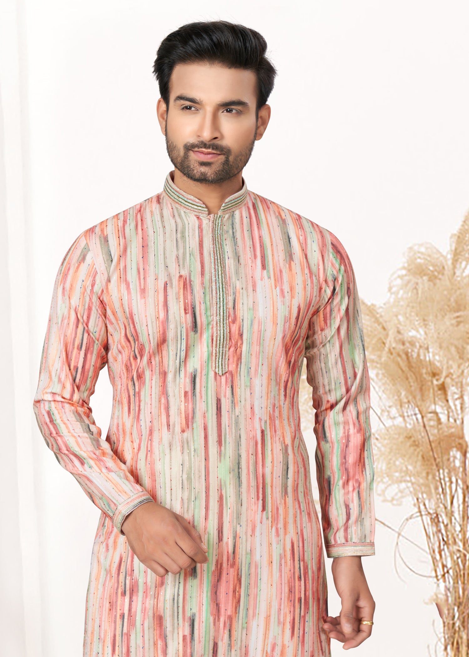 Pink Men's Kurta with Exquisite Embellishments for Weddings and Parties