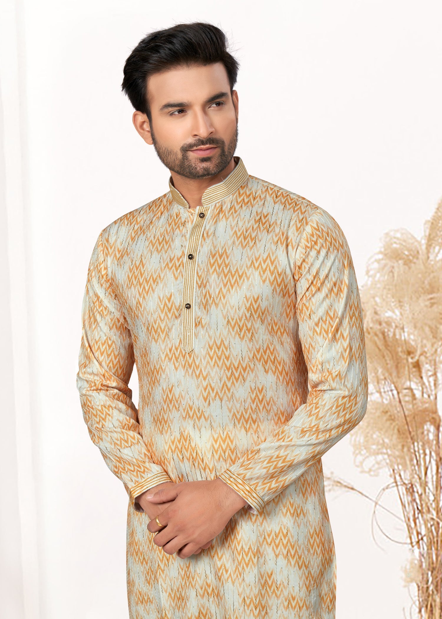 Yellow Men's Kurta: Elegant Digital Print, Ideal for Weddings and Parties