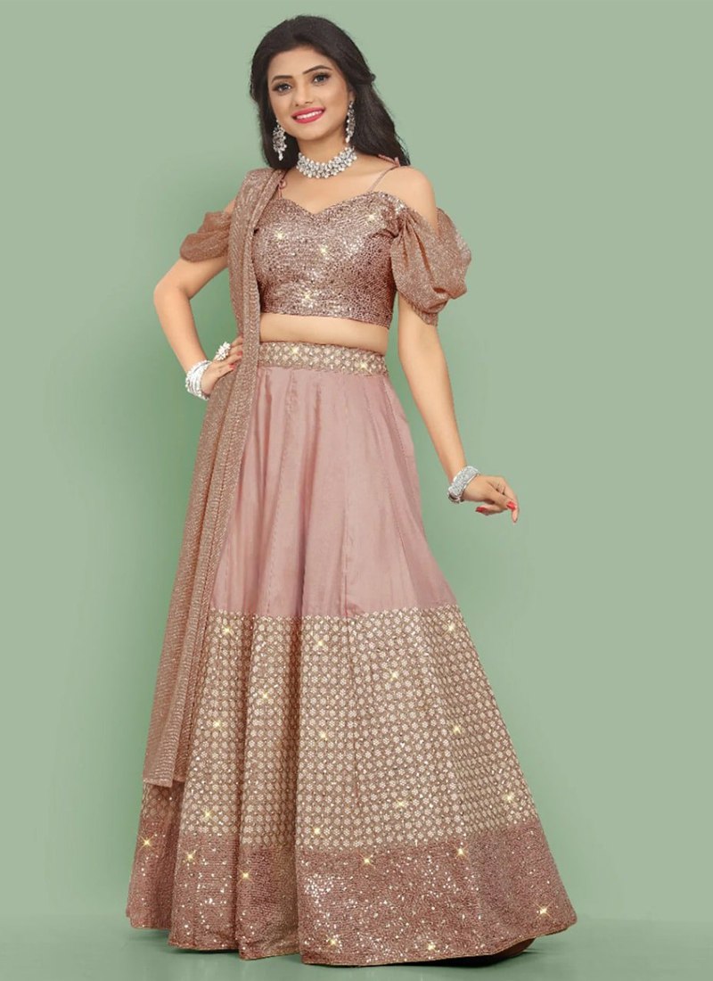 Elegant Cream-Pink Lehenga Choli with Exquisite Thread and Sequin Embroidery