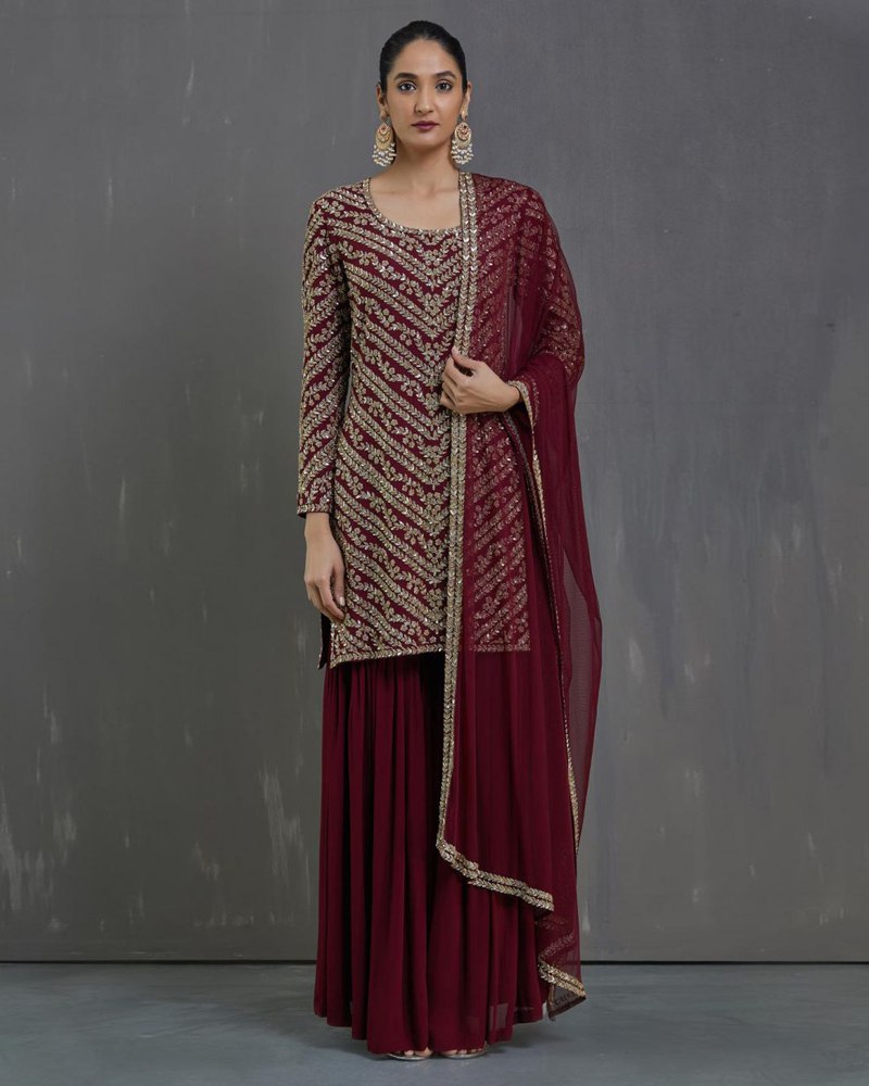 Elegant Red Sharara Salwar Suit with Intricate Thread and Sequin Embellishments