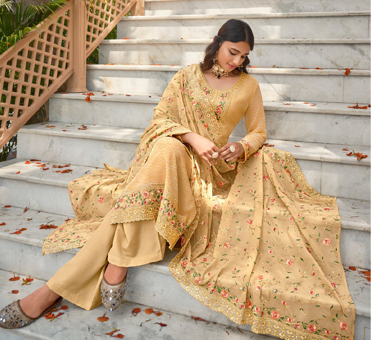 Elegant Yellow Georgette Salwar Suit with Intricate Embroidery for Weddings & Parties