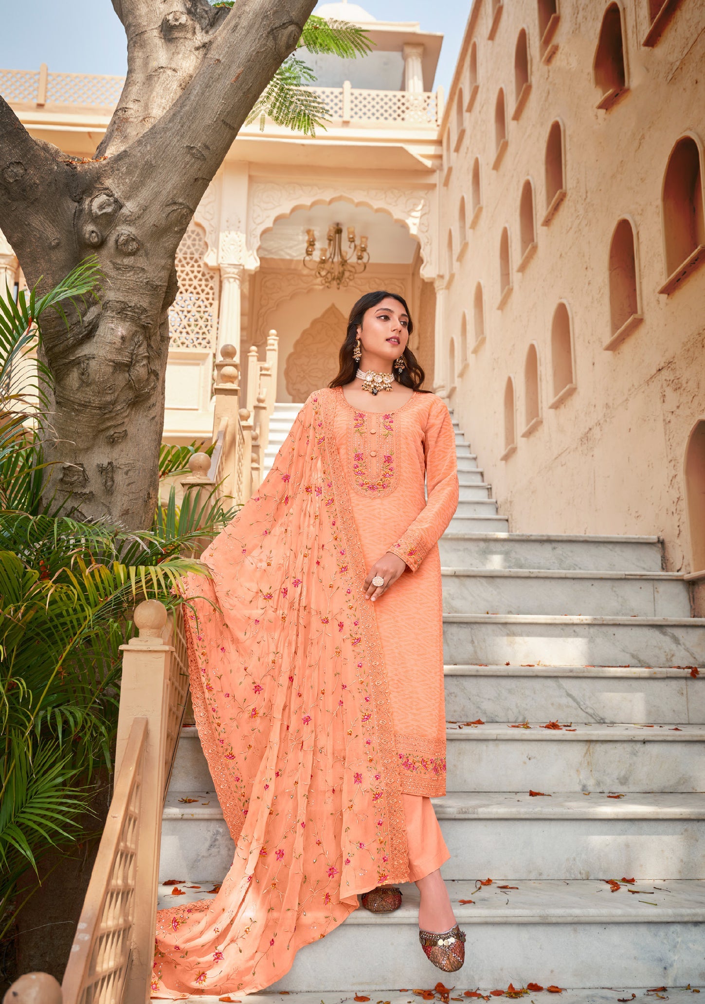 Elegant Orange Georgette Salwar Suit with Heavy Embroidery for Weddings & Parties