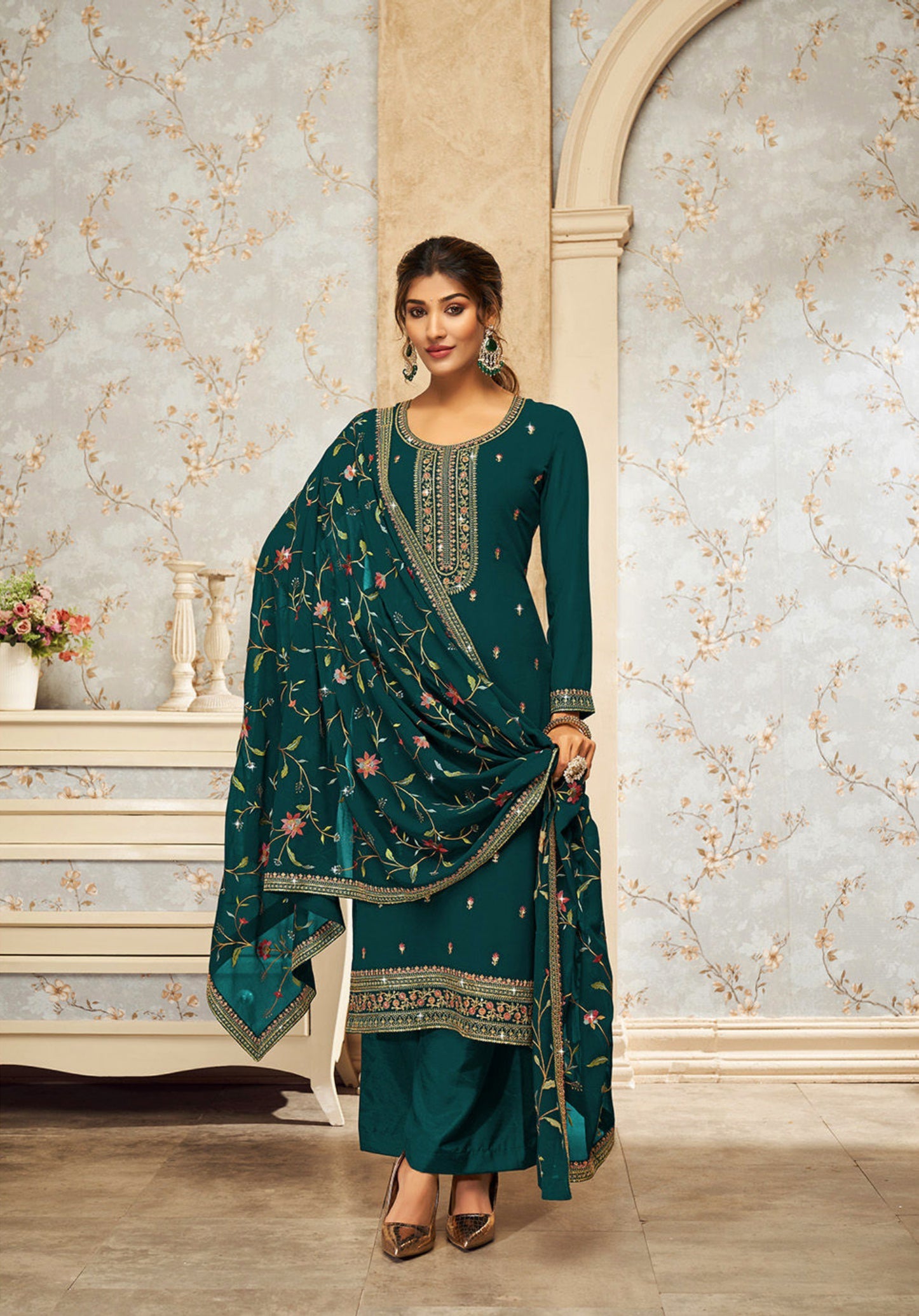 Elegant Green Sharara Salwar Suit with Georgette & Intricate Embroidery for Weddings and Parties.