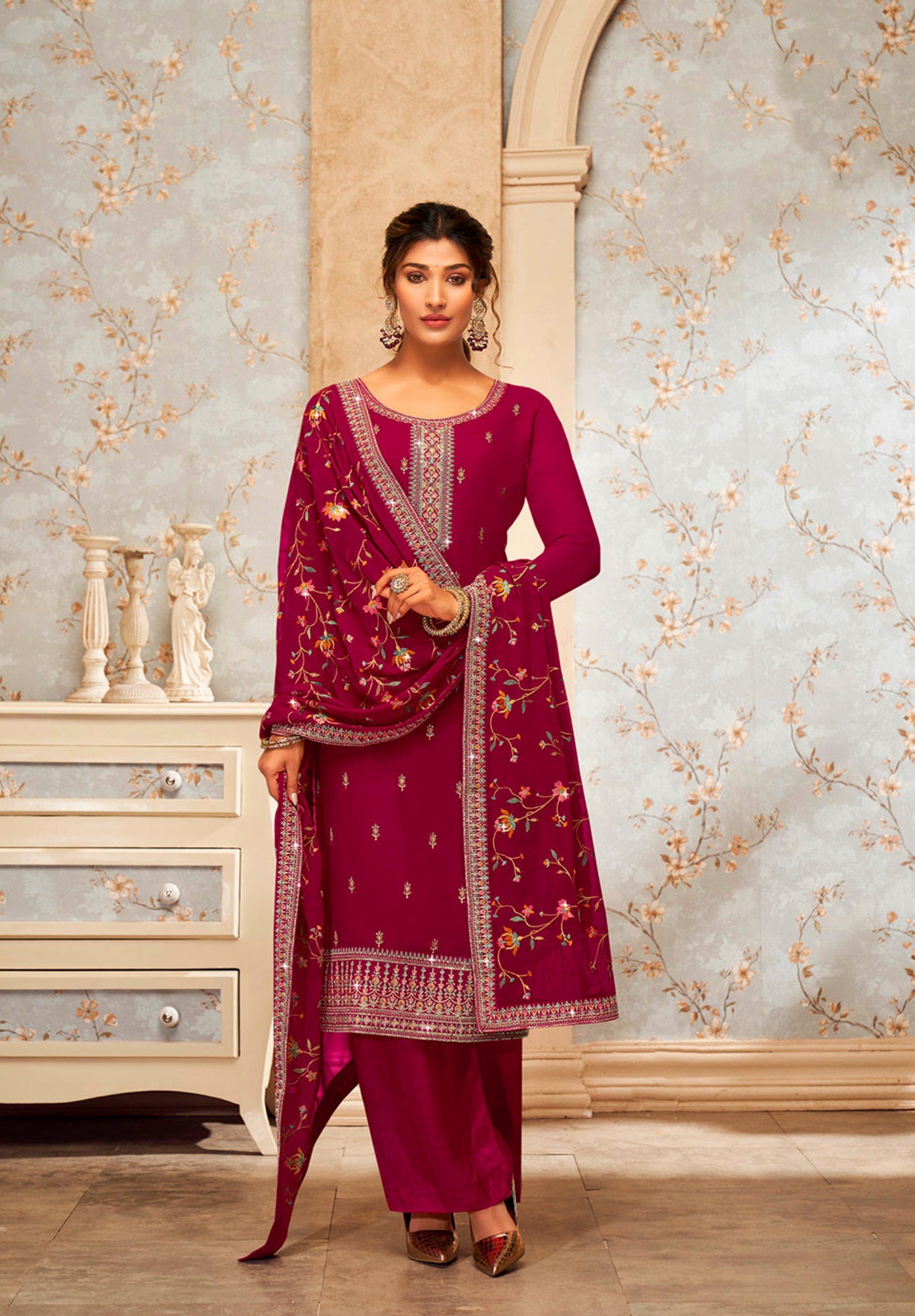 Elegant Pink Georgette Sharara Salwar Suit with Heavy Embroidery for Weddings and Parties