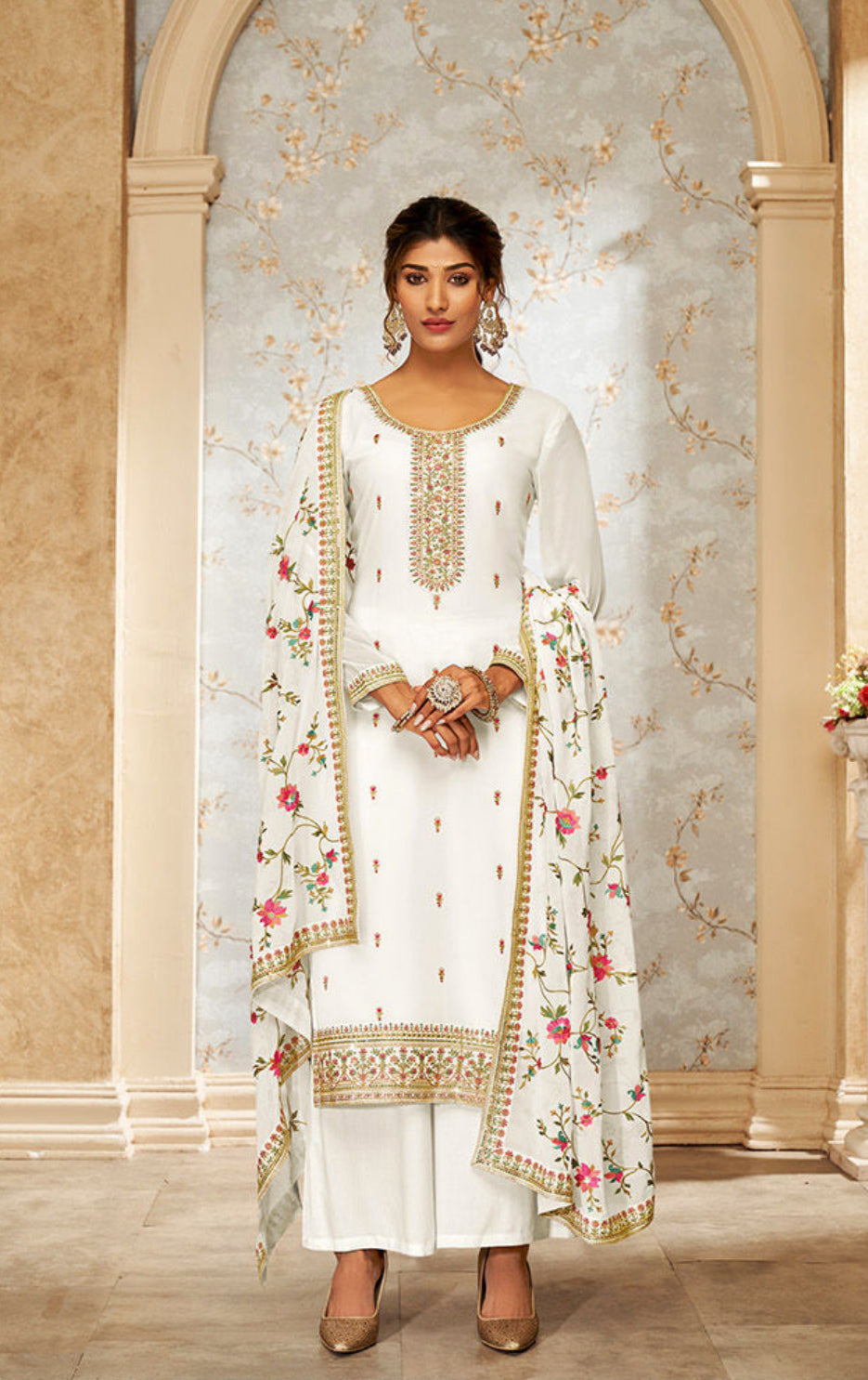 Elegant White Sharara Salwar Suit with Georgette Embroidery for Weddings and Parties