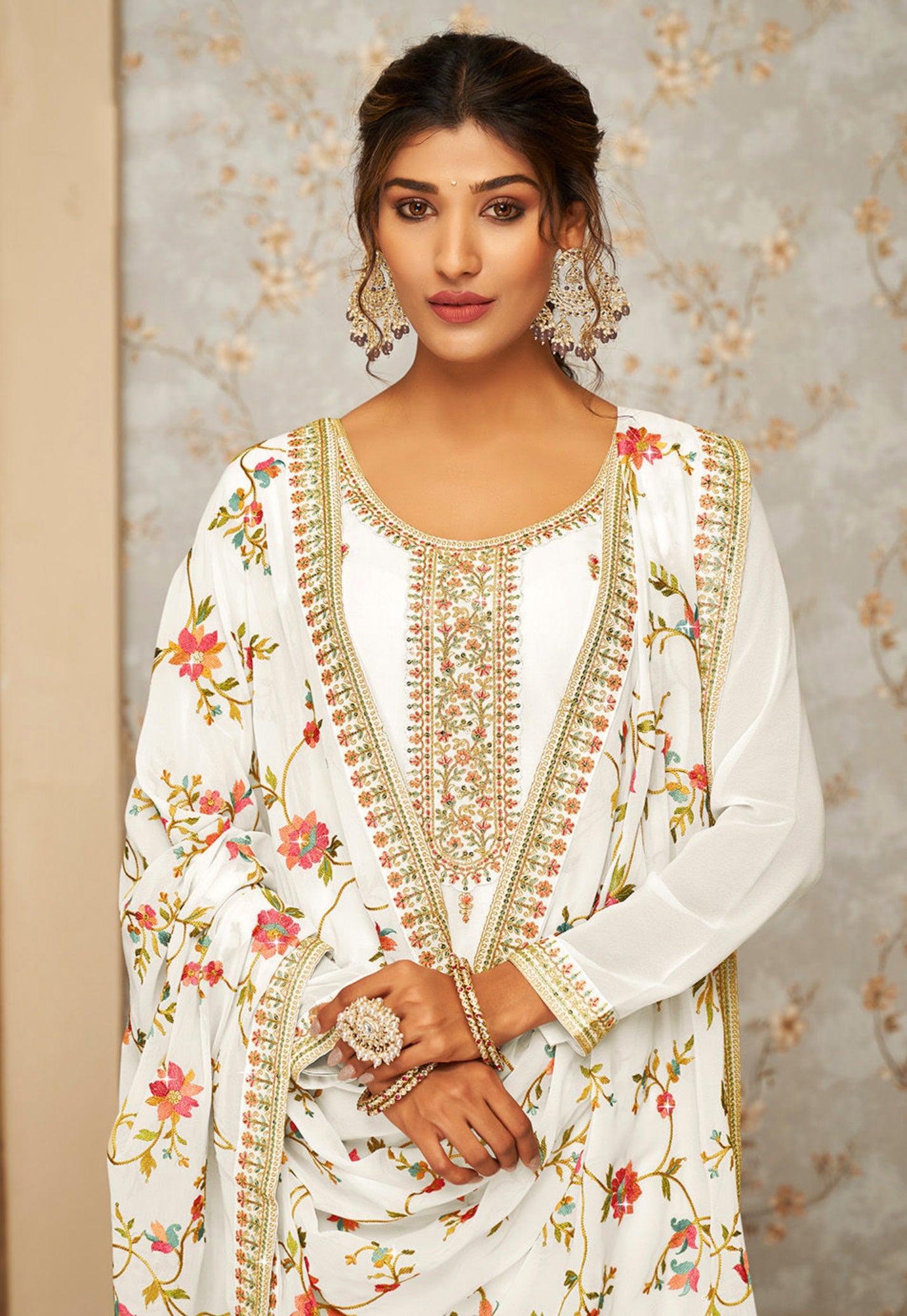 Elegant White Sharara Salwar Suit with Georgette Embroidery for Weddings and Parties