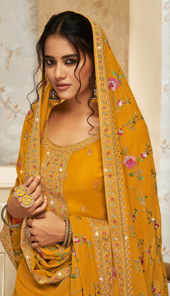 Elegant Yellow Georgette Sharara Salwar Suit with Intricate Embroidery for Weddings and Parties