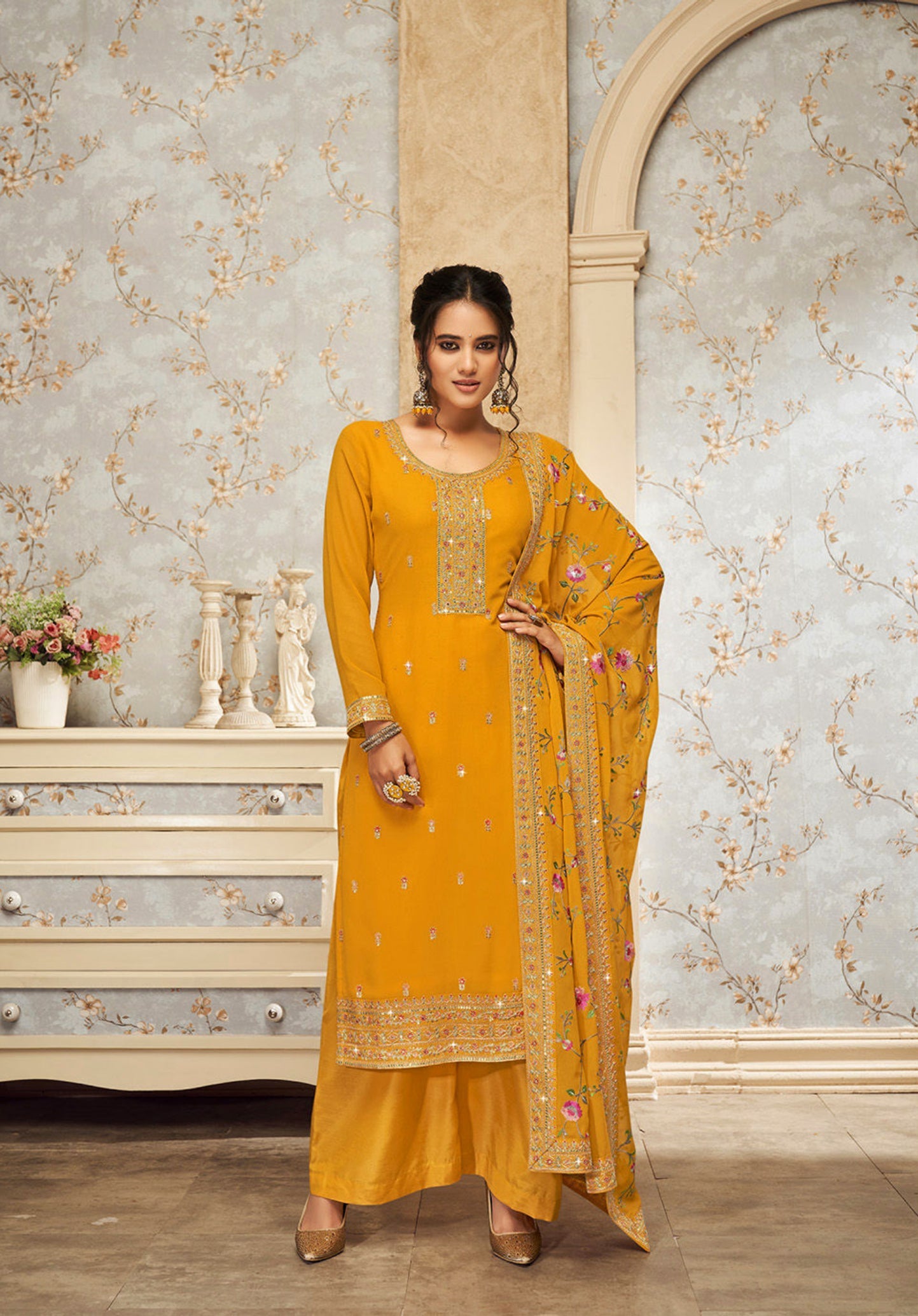 Elegant Yellow Georgette Sharara Salwar Suit with Intricate Embroidery for Weddings and Parties