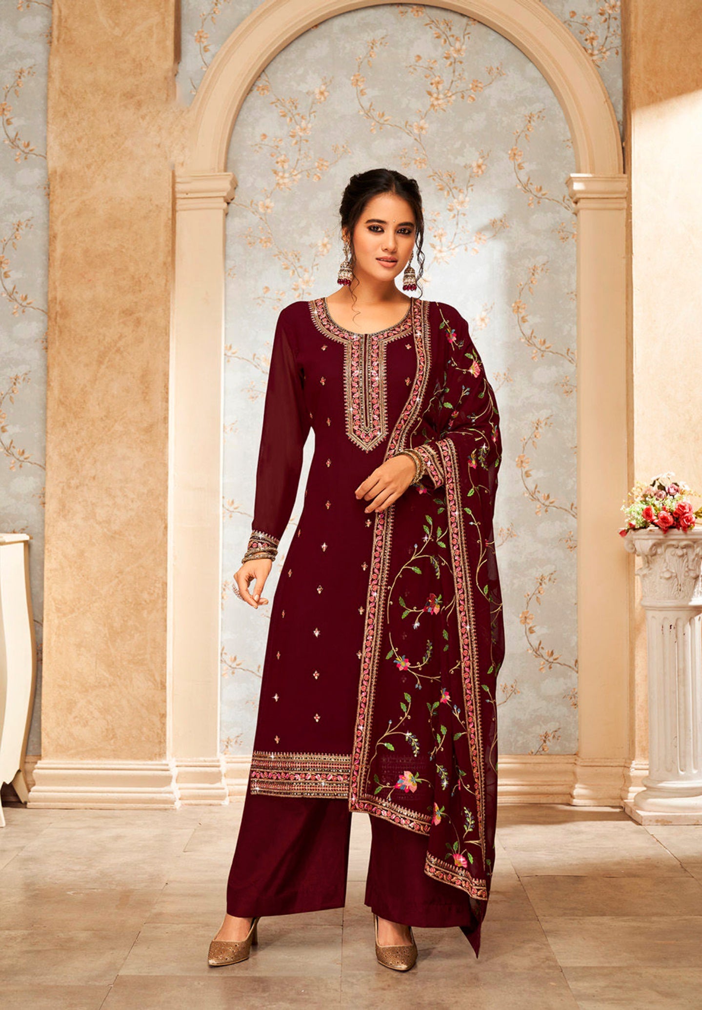 Elegant Brown Sharara Salwar Suit: Real Georgette & Heavy Embroidery for Weddings & Parties