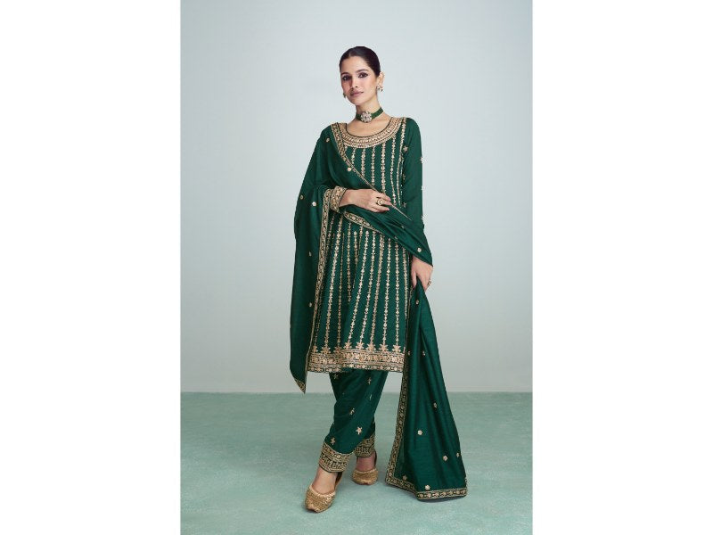 Elegant Dark Green Premium Silk Salwar Suit: Timeless Sophistication