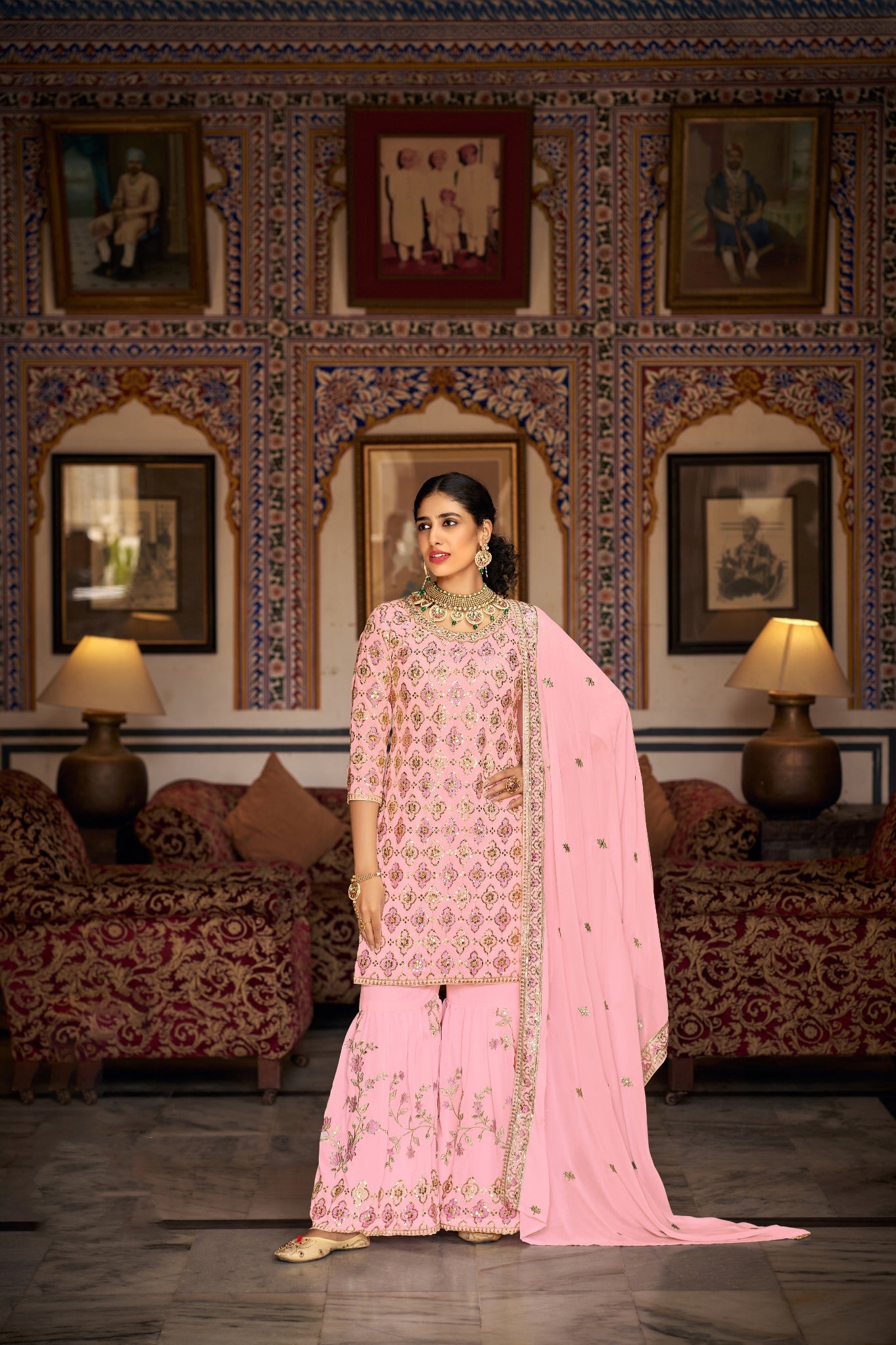 Elegant Pink Sharara Salwar Suit in Heavy Faux Georgette for Celebrations