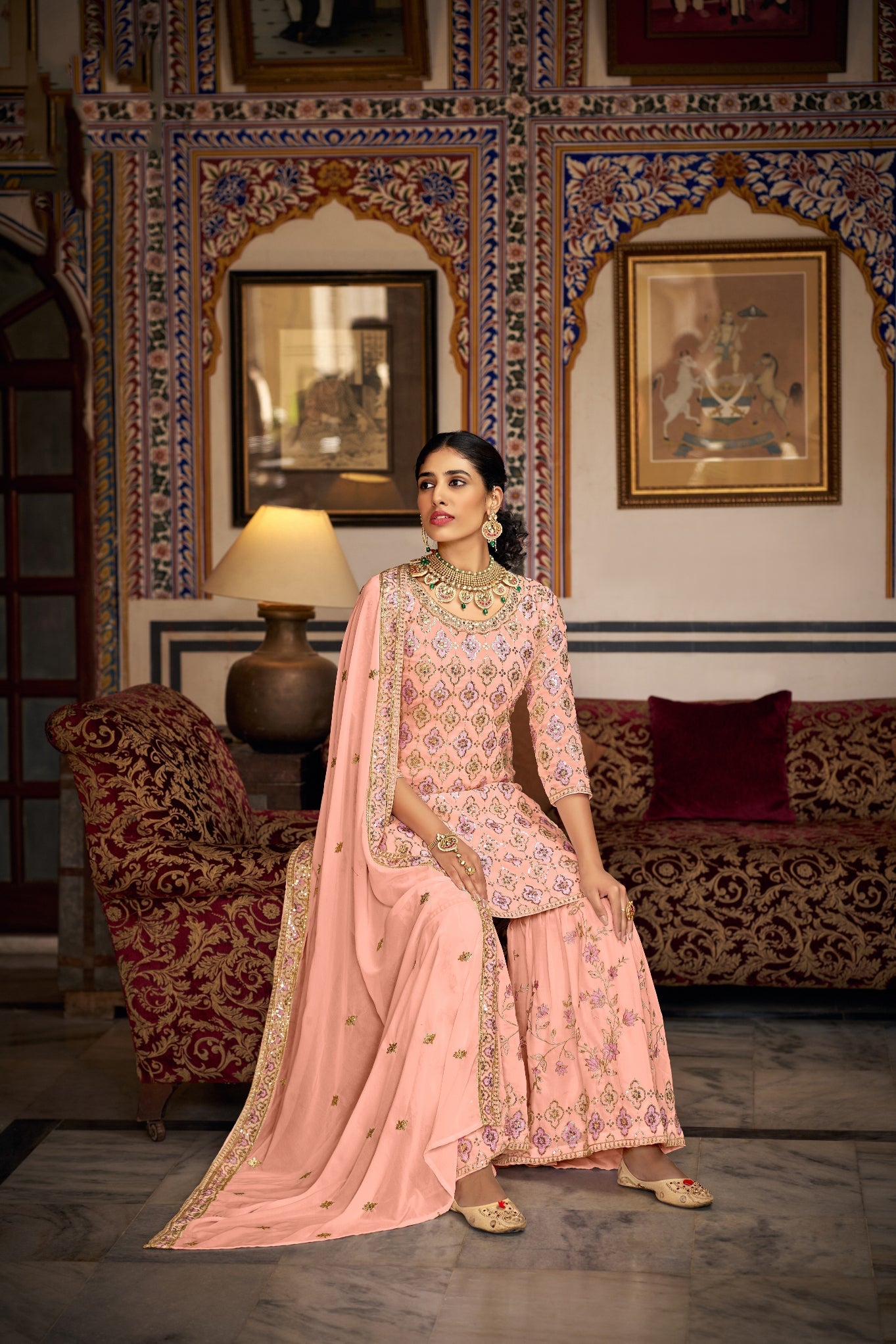 Peach Perfection: Luxurious Sharara Salwar Suit for Weddings and Parties