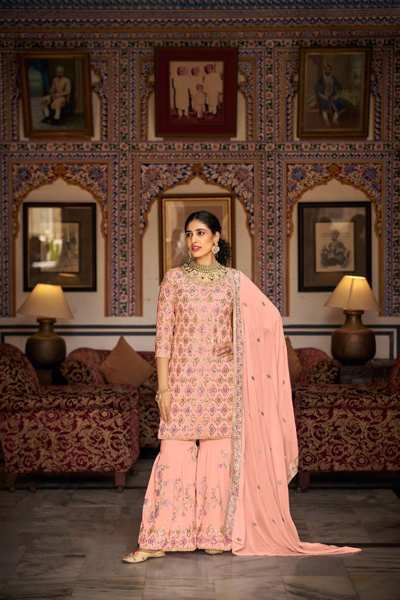 Peach Perfection: Luxurious Sharara Salwar Suit for Weddings and Parties