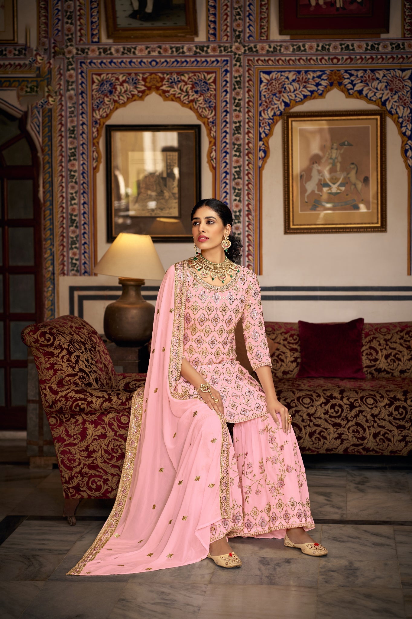 Elegant Pink Sharara Salwar Suit in Heavy Faux Georgette for Celebrations