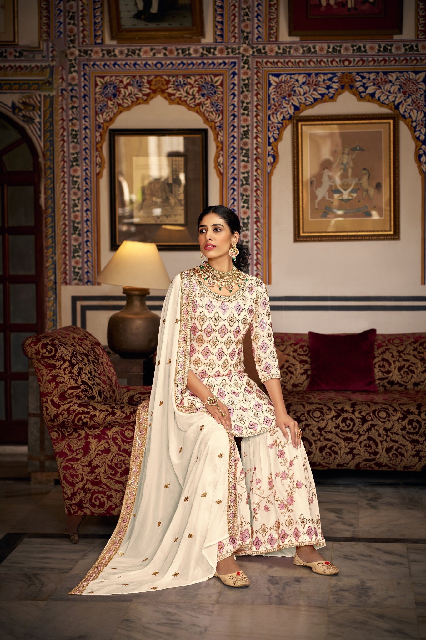 Creamy Elegance: Wedding and Party Sharara Salwar Suit in Faux Georgette