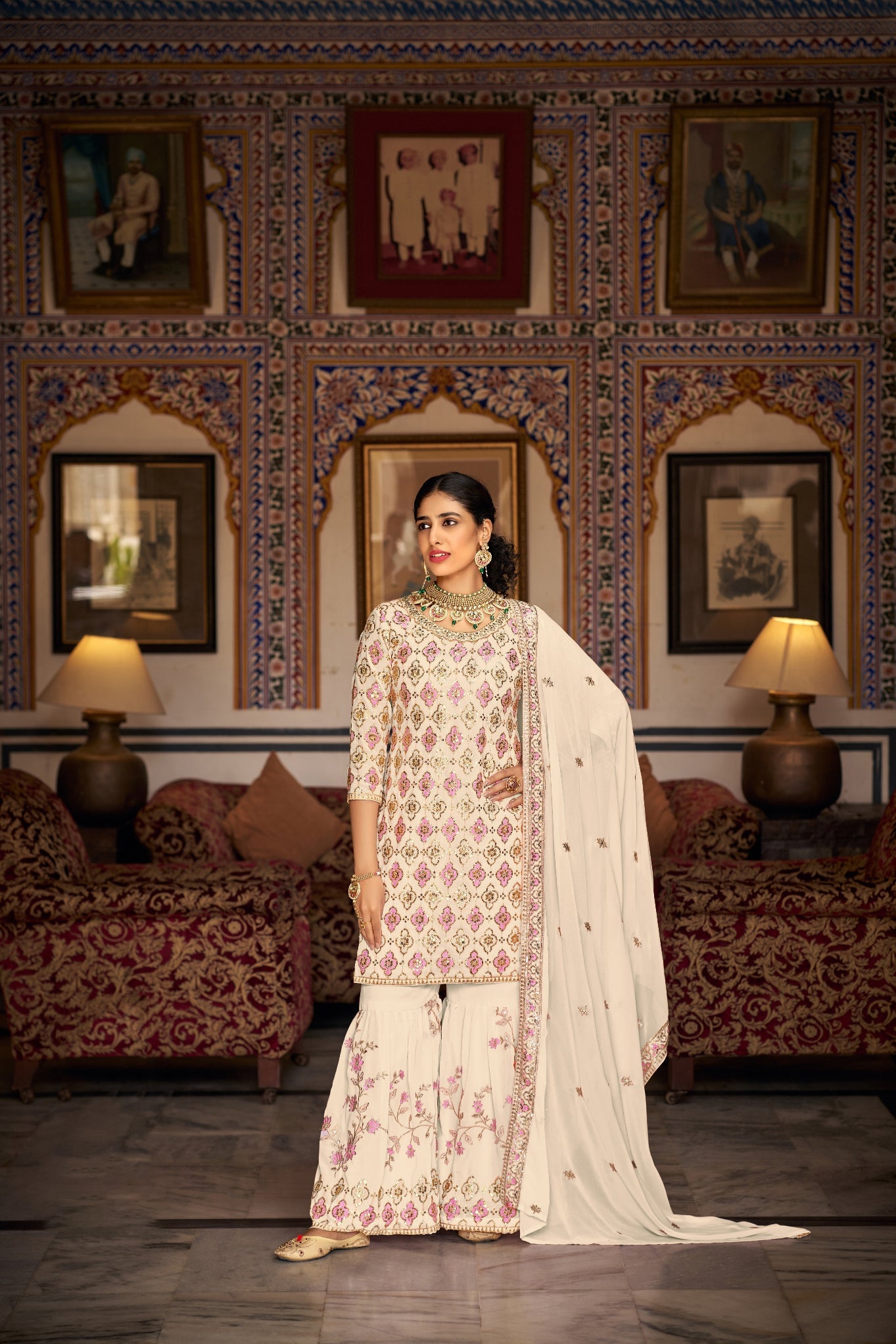 Creamy Elegance: Wedding and Party Sharara Salwar Suit in Faux Georgette