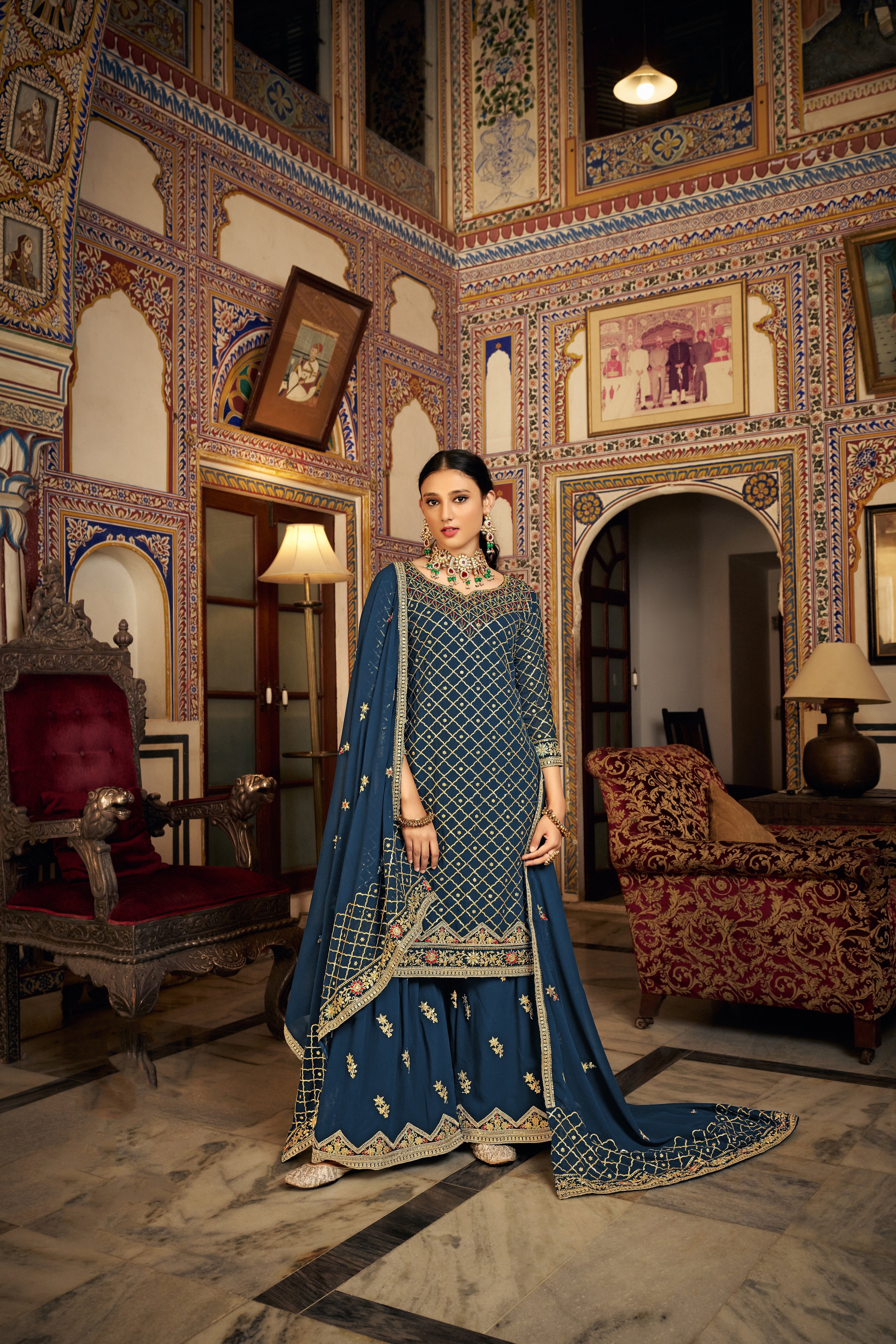 Elegant Blue Sharara Salwar Suit in Heavy Chinon Fabric for Weddings & Parties