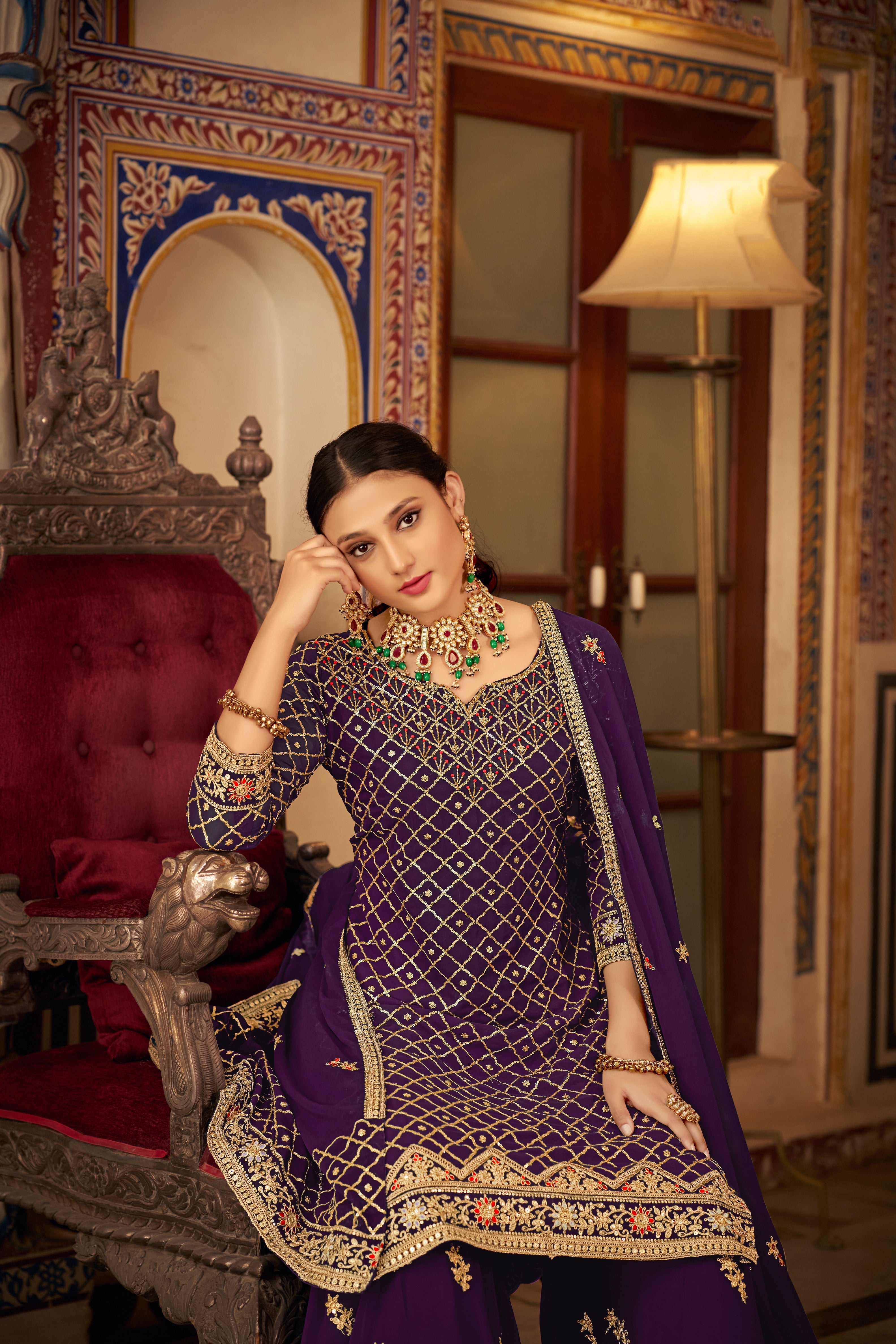 Elegant Purple Sharara Salwar Suit in Heavy Chinon - Perfect for Weddings and Parties