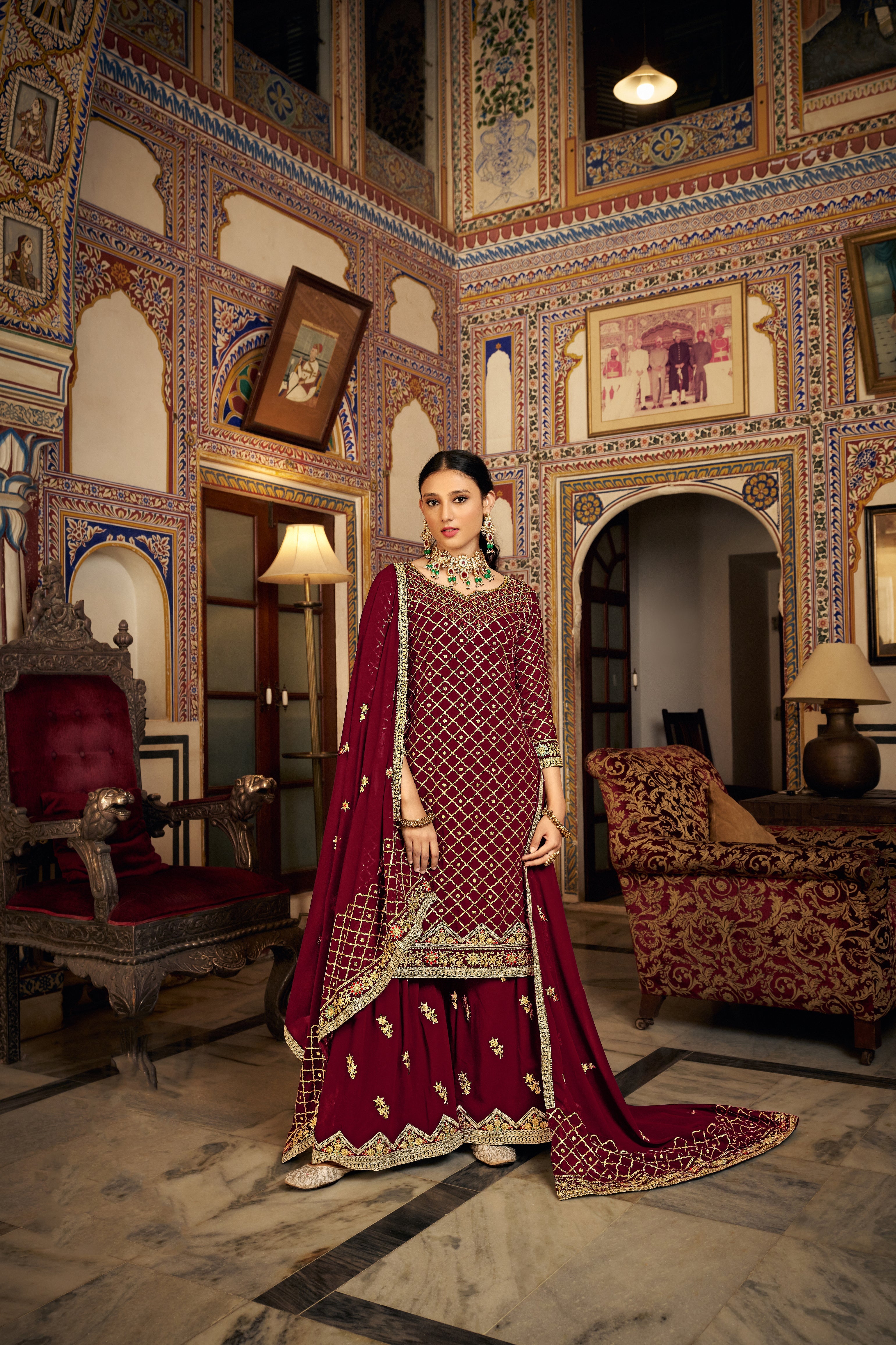 Elegant Red Sharara Salwar Suit in Luxurious Chinon Fabric for Weddings and Parties