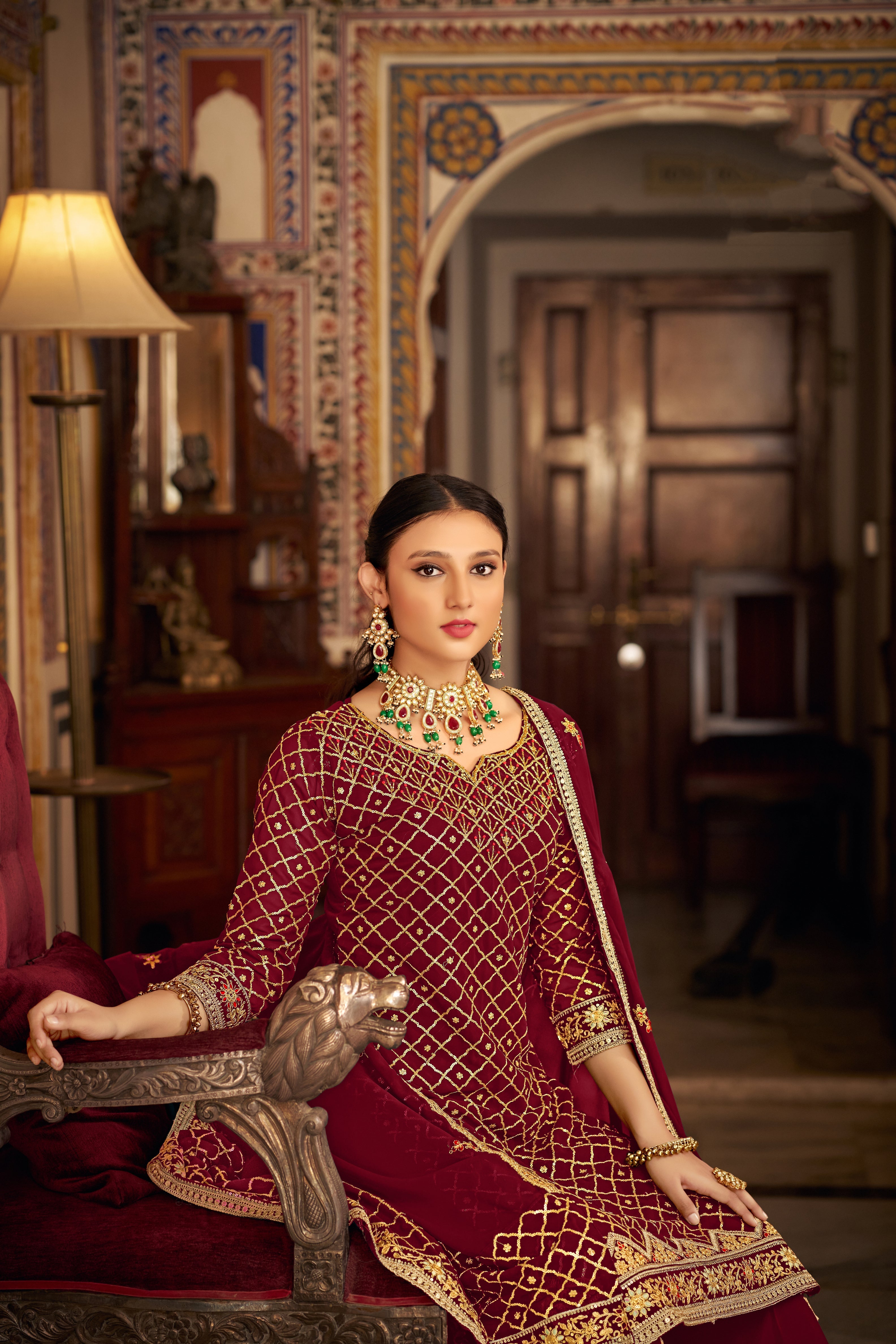 Elegant Red Sharara Salwar Suit in Luxurious Chinon Fabric for Weddings and Parties