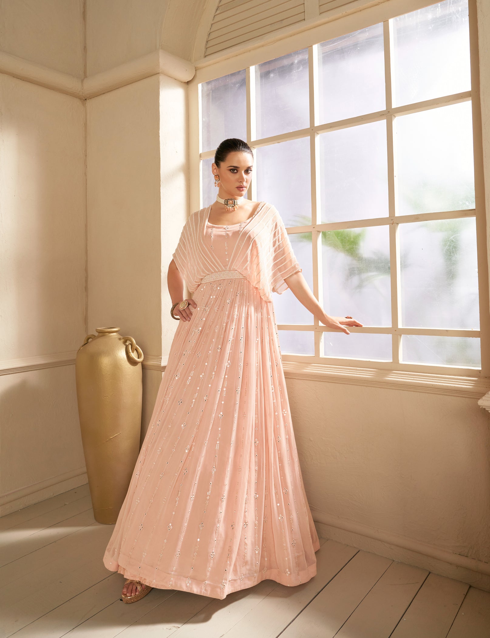 Elegant Pink Gown with Front and Back Embroidery, Real Georgette for Weddings & Parties