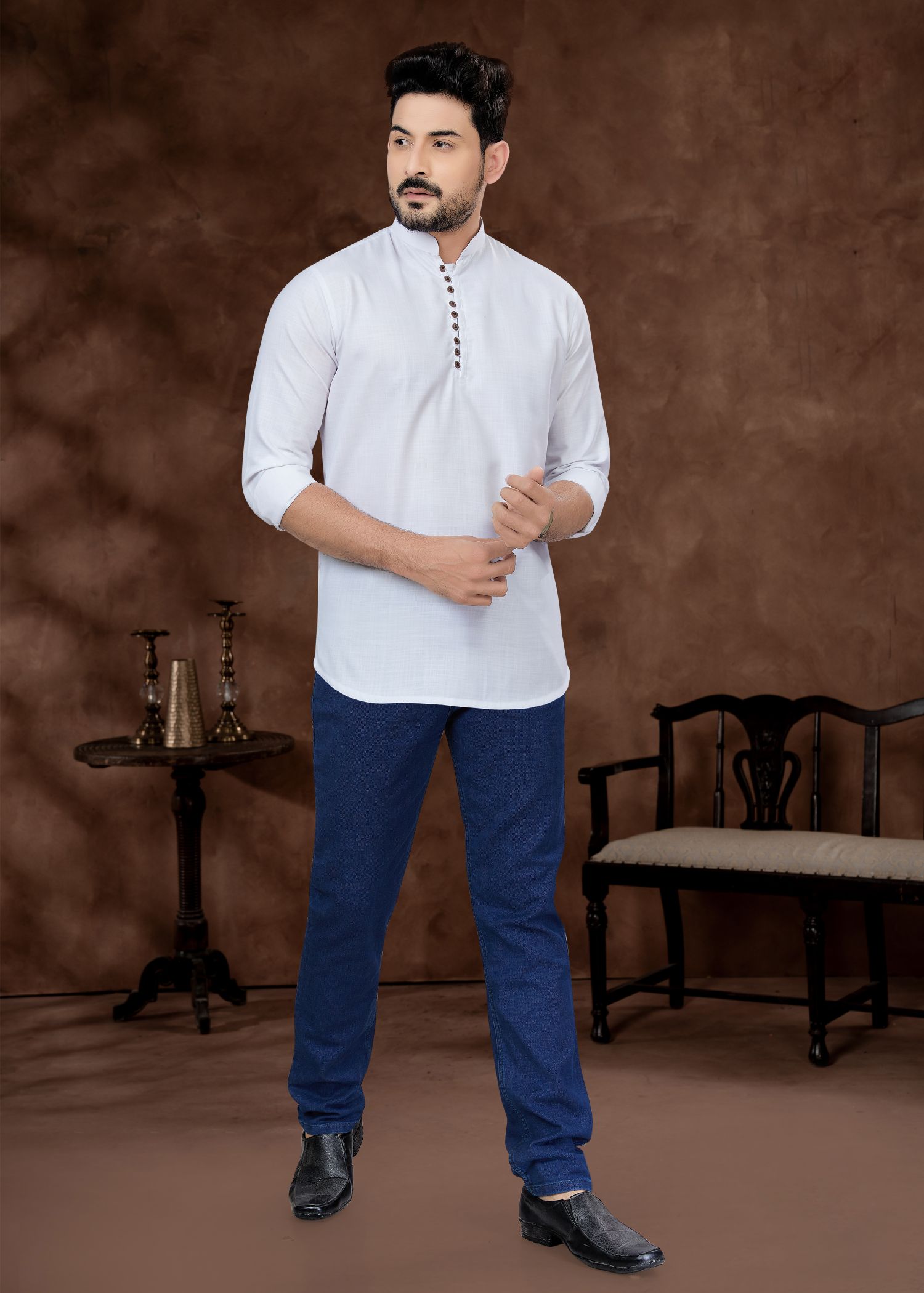 Elegant White Cotton Men's Short Kurta for Weddings & Parties