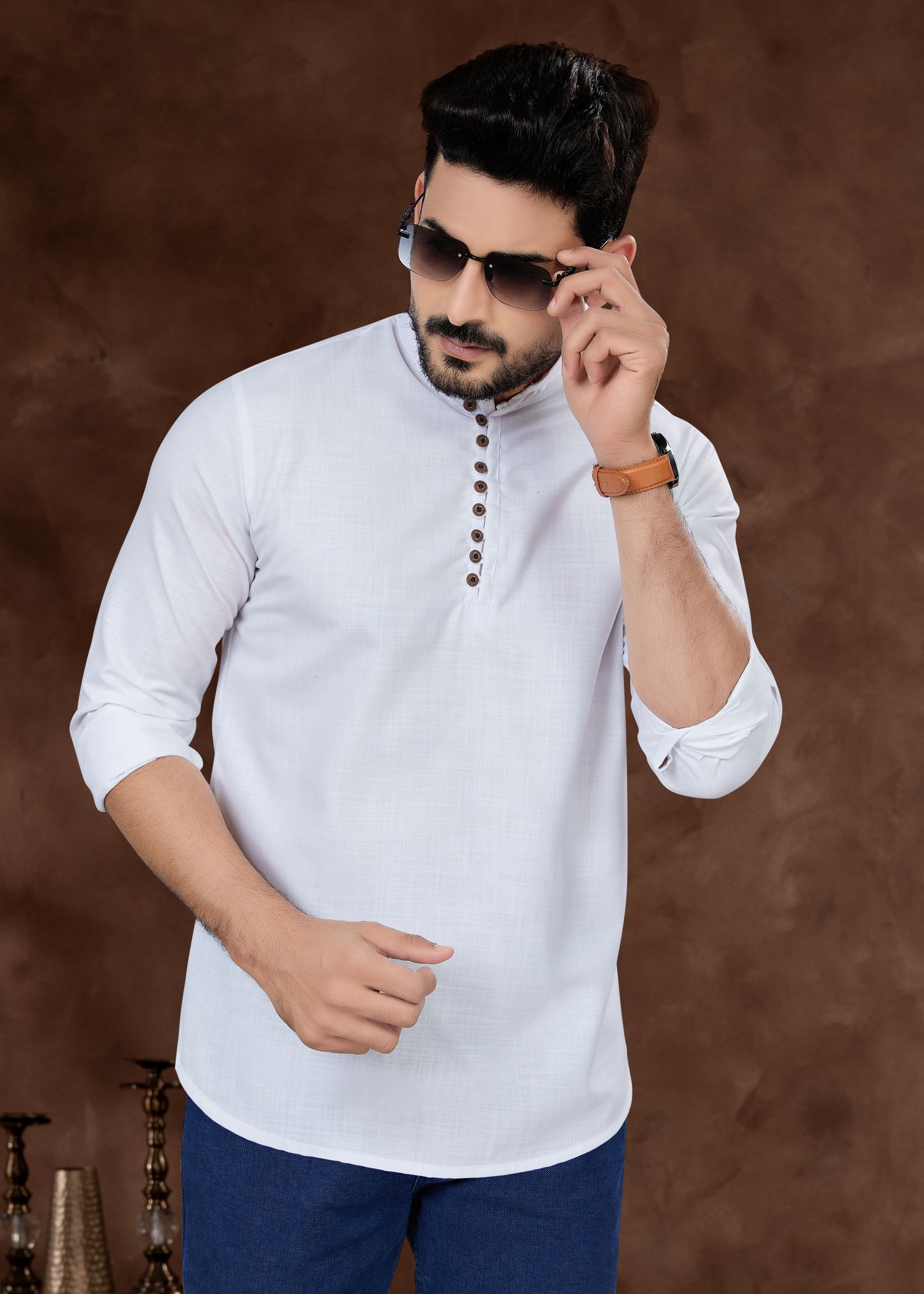 Elegant White Cotton Men's Short Kurta for Weddings & Parties