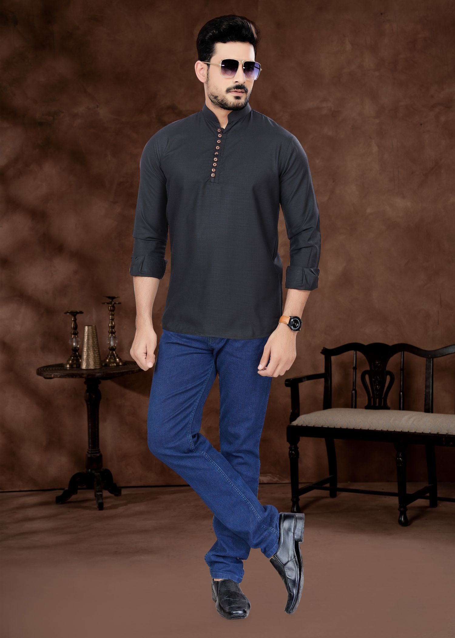 Elegant Black Men's Short Kurta in Pure Cotton: Perfect for Weddings and Parties!