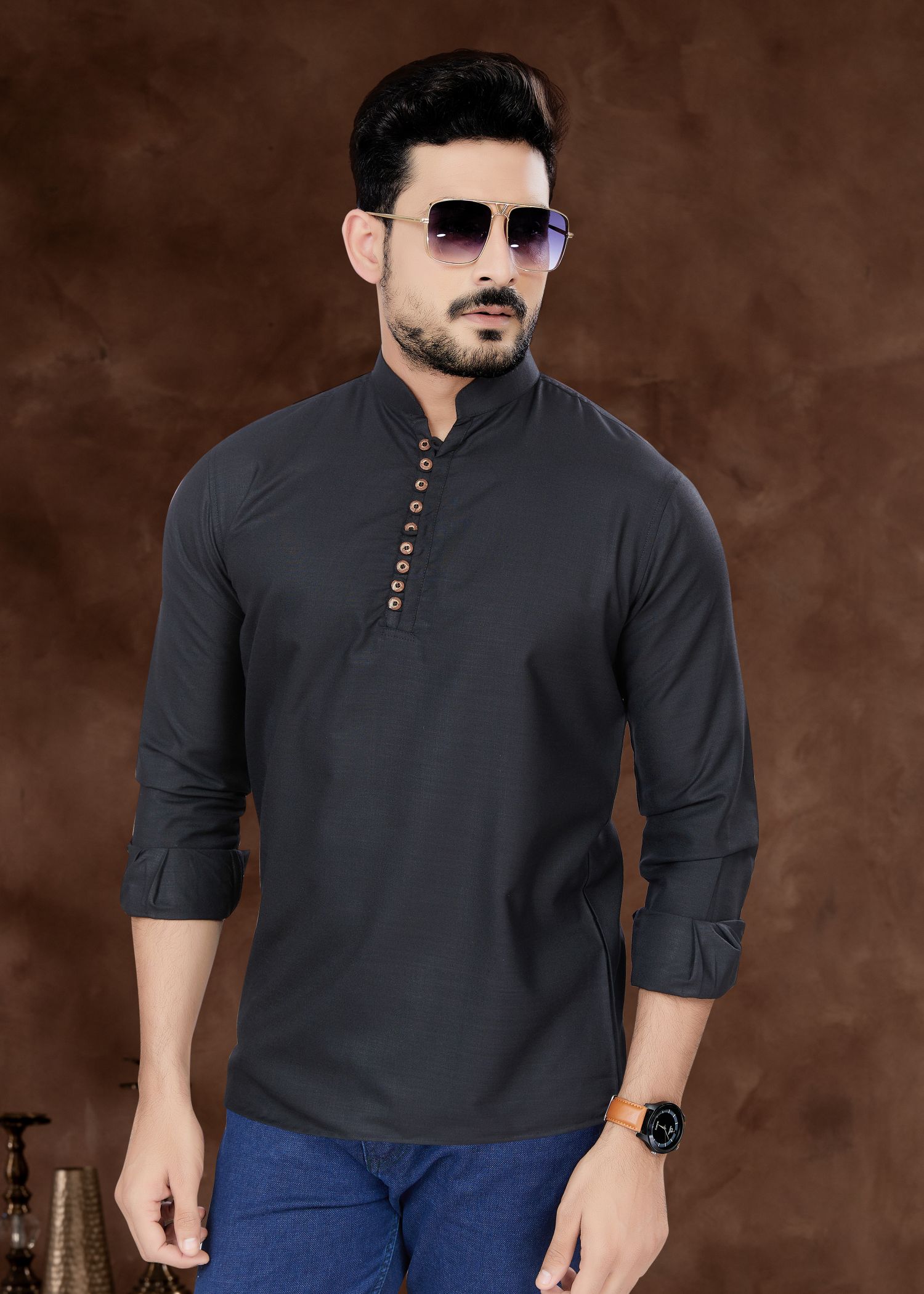 Elegant Black Men's Short Kurta in Pure Cotton: Perfect for Weddings and Parties!