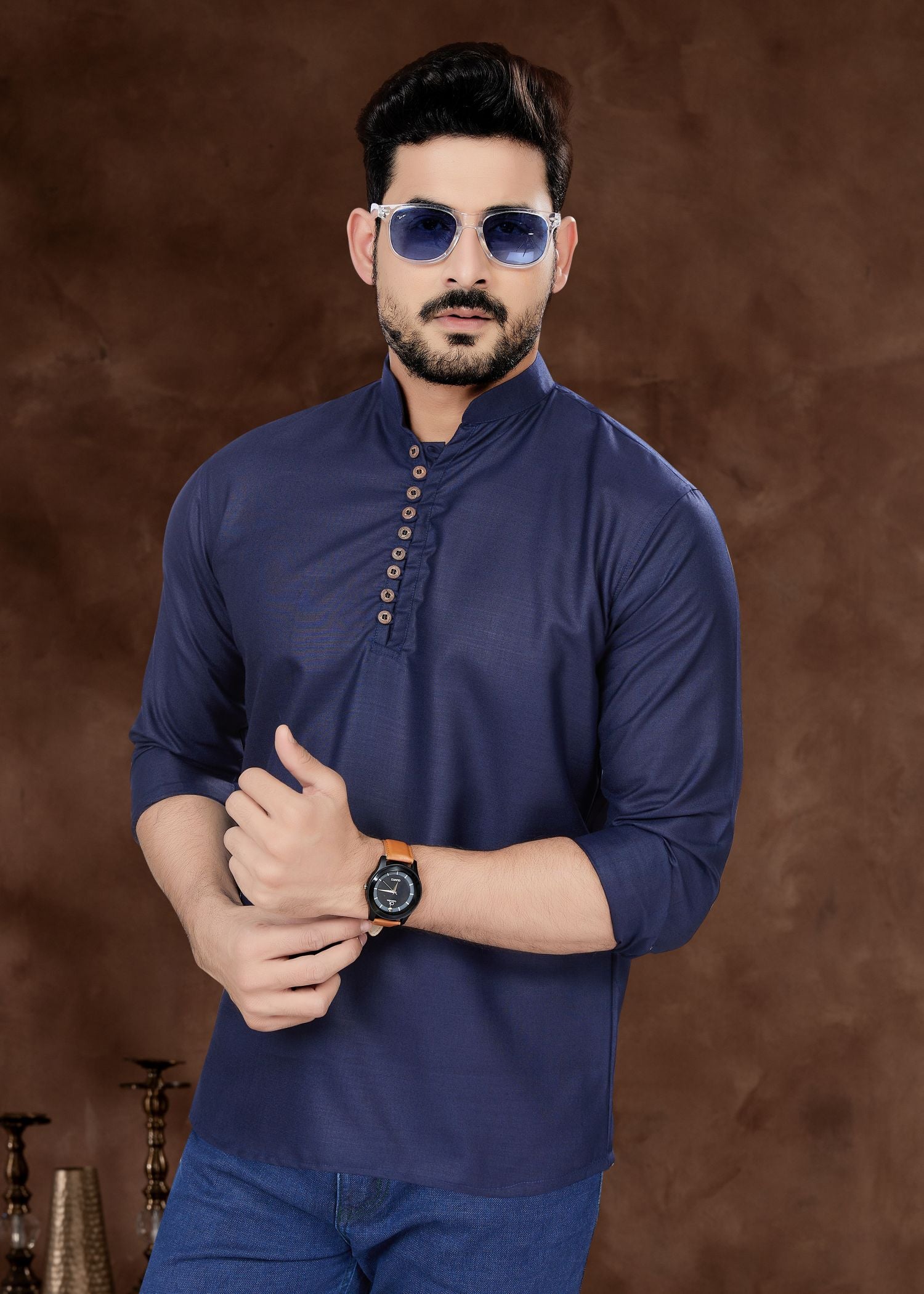 Elegant Blue Cotton Men's Short Kurta: Perfect for Weddings and Parties